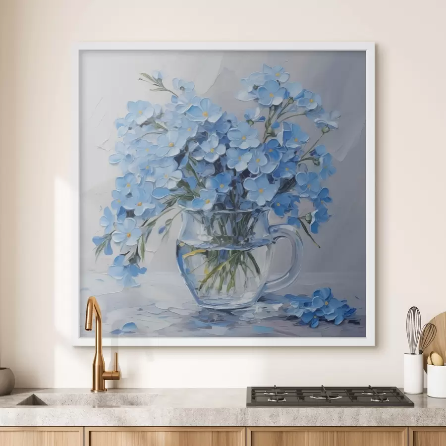 Fototapete Blaue Blumen in einer transparenten Vase Nachahmung der Malerei f42467