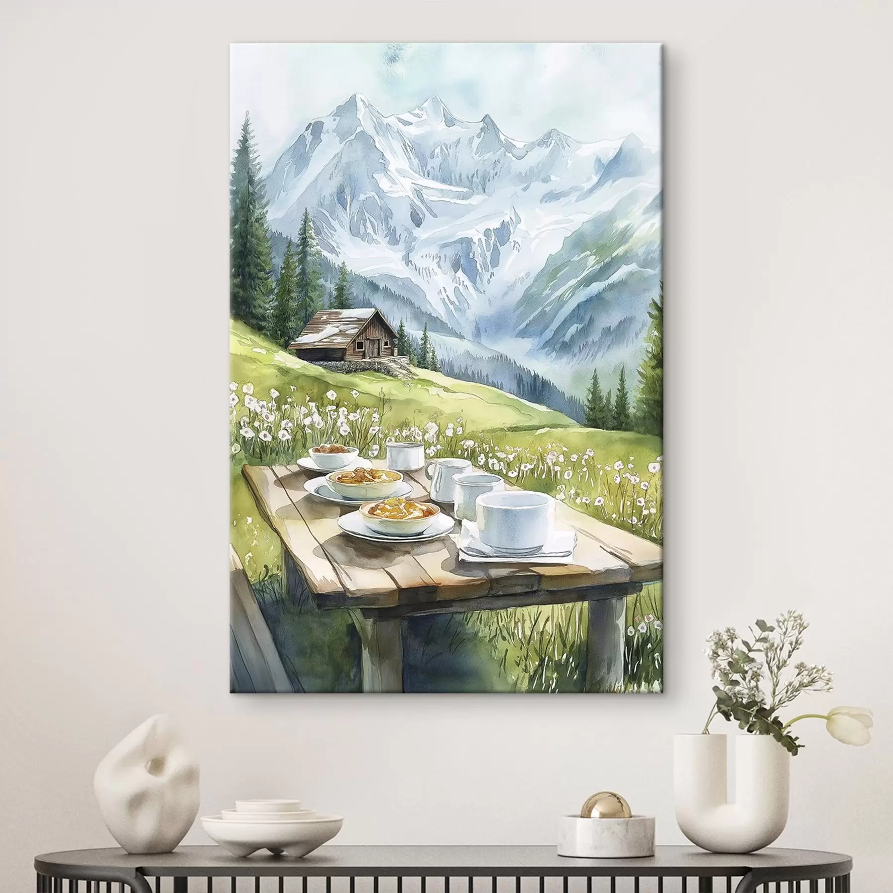 Fototapete Frühstück in den Alpen, Berge, Wald, Natur, Sommer, Aquarellstil s42426