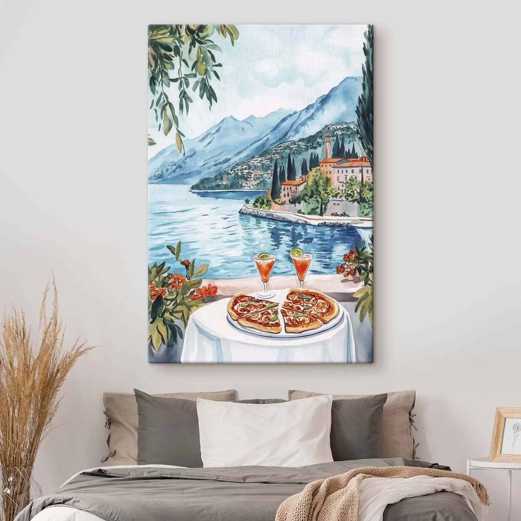 Fototapete Comer See, Italien, Aquarellstil, Pizza, Cocktails, Altstadt, Berge  s42437