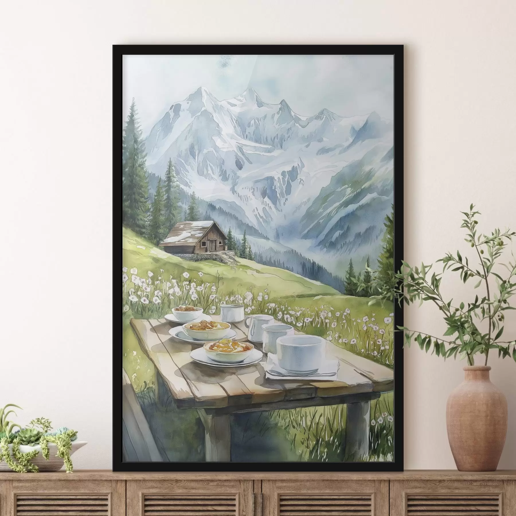 Fototapete Frühstück in den Alpen, Berge, Wald, Natur, Sommer, Aquarellstil f42426