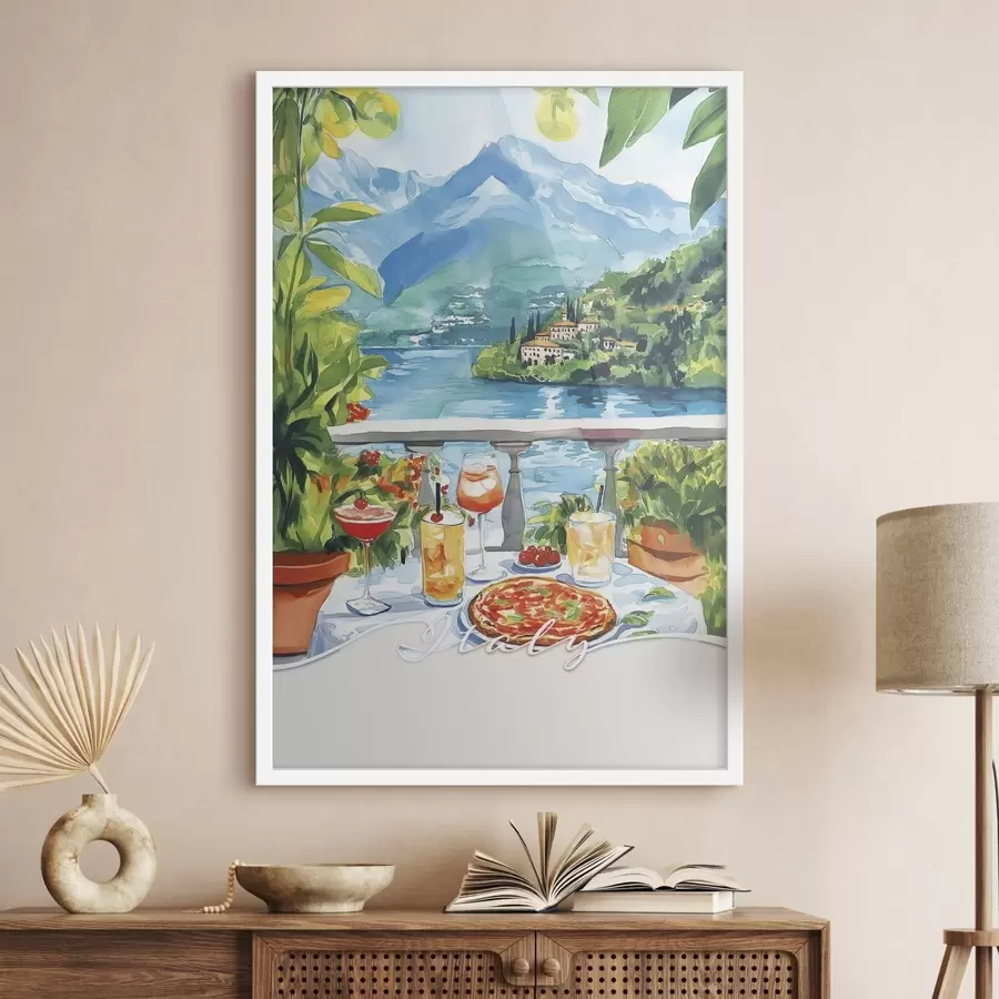 Fototapete Italien Ästhetik, Aquarellstil, Pizza und Cocktails, Berge f42434