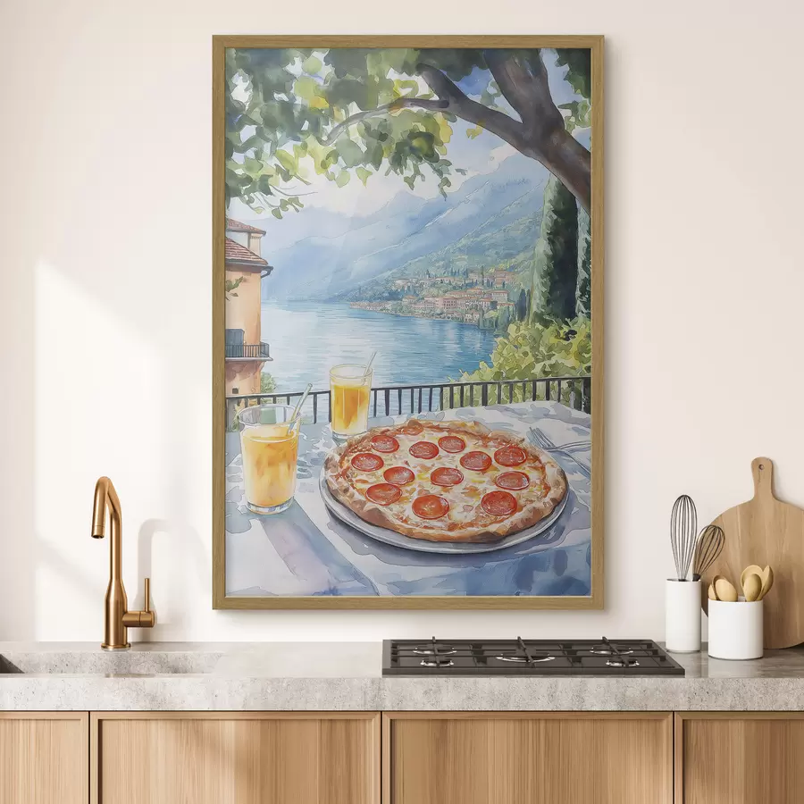 Fototapete Brunch in Italien, Aquarellstil, Pizza Margarita, See, Sommer Natur f42436