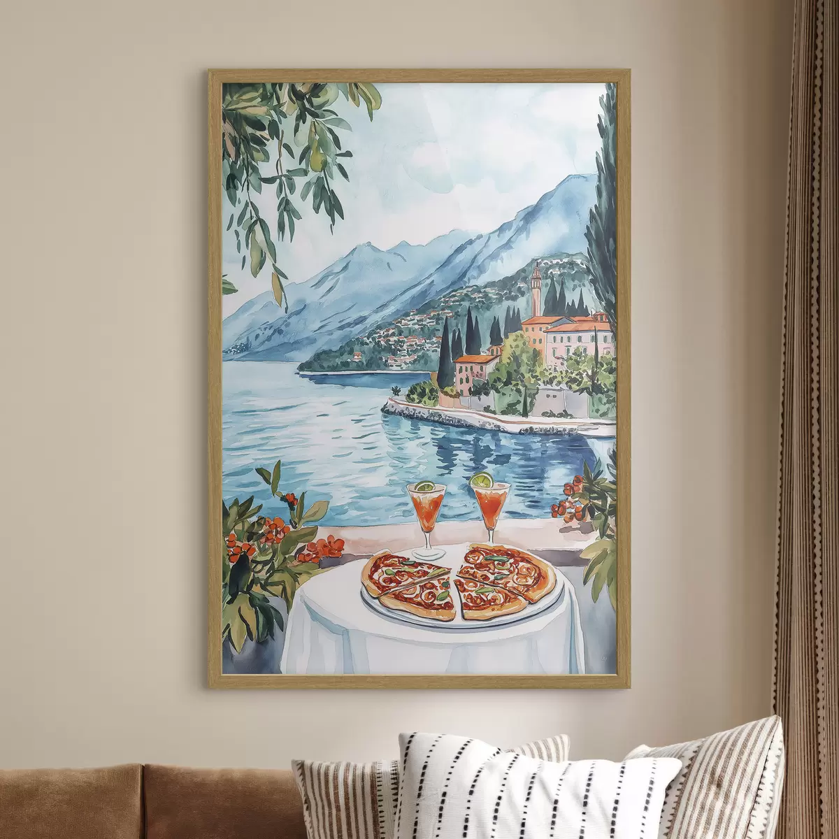 Poster Comer See, Italien, Aquarellstil, Pizza, Cocktails, Altstadt, Berge f42437