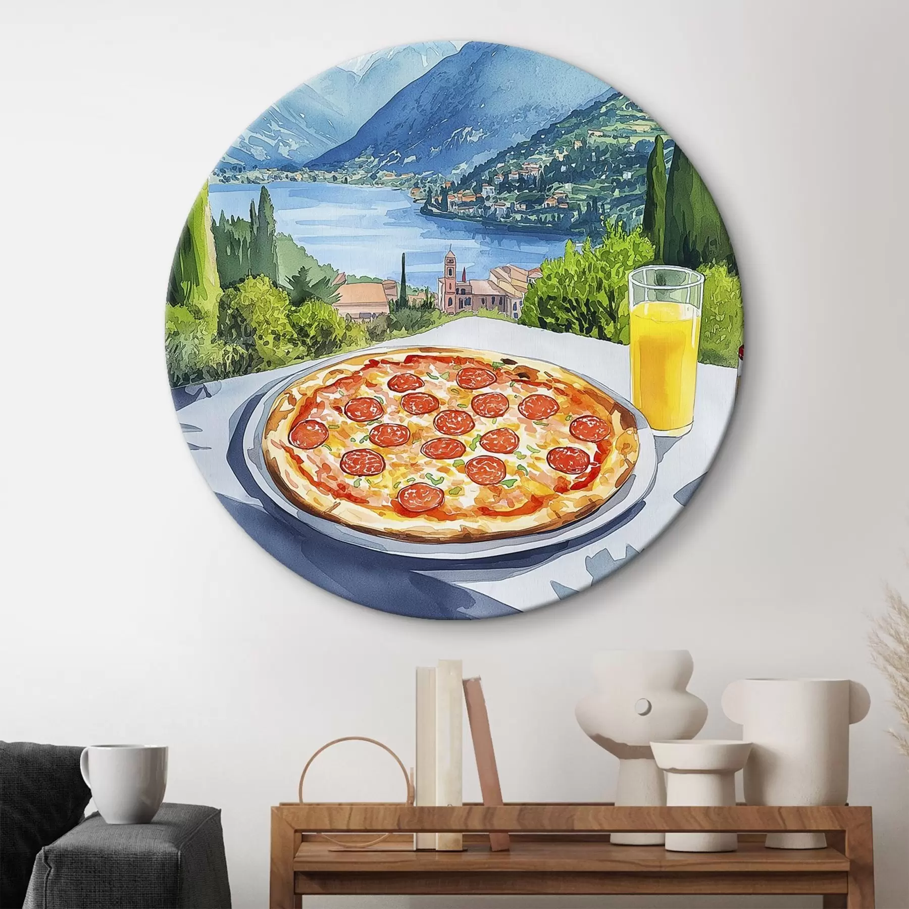Fototapete Aquarell-Stil, Italien, Pizza, alte Stadt, Berge Landschaft r42435