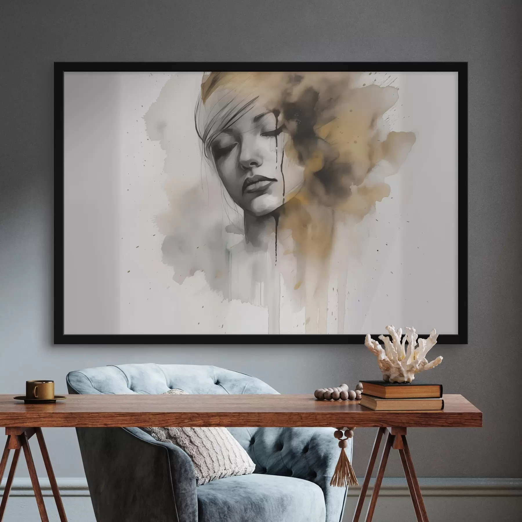 Fototapete Porträt eines Mädchens in Aquarelltechnik mit abstrakten Schatten f42474