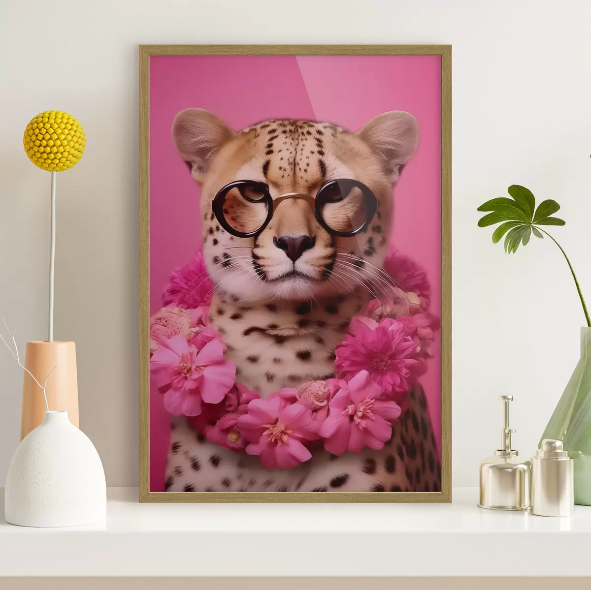Poster Gepard in Brille mit Blumengirlande f42477