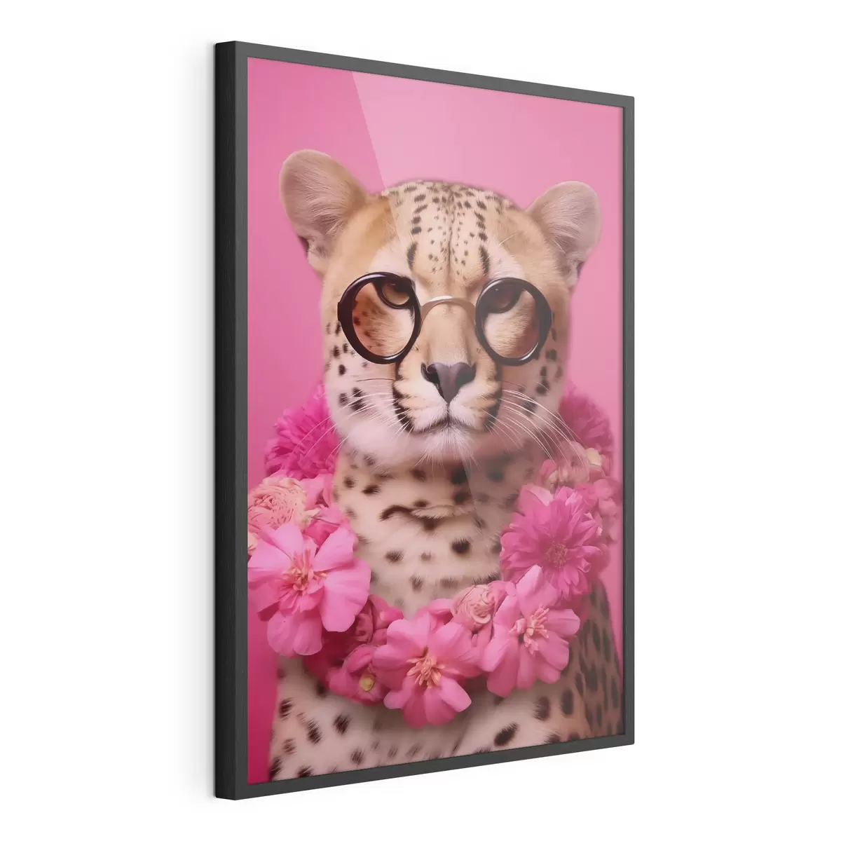 Poster Gepard in Brille mit Blumengirlande f42477