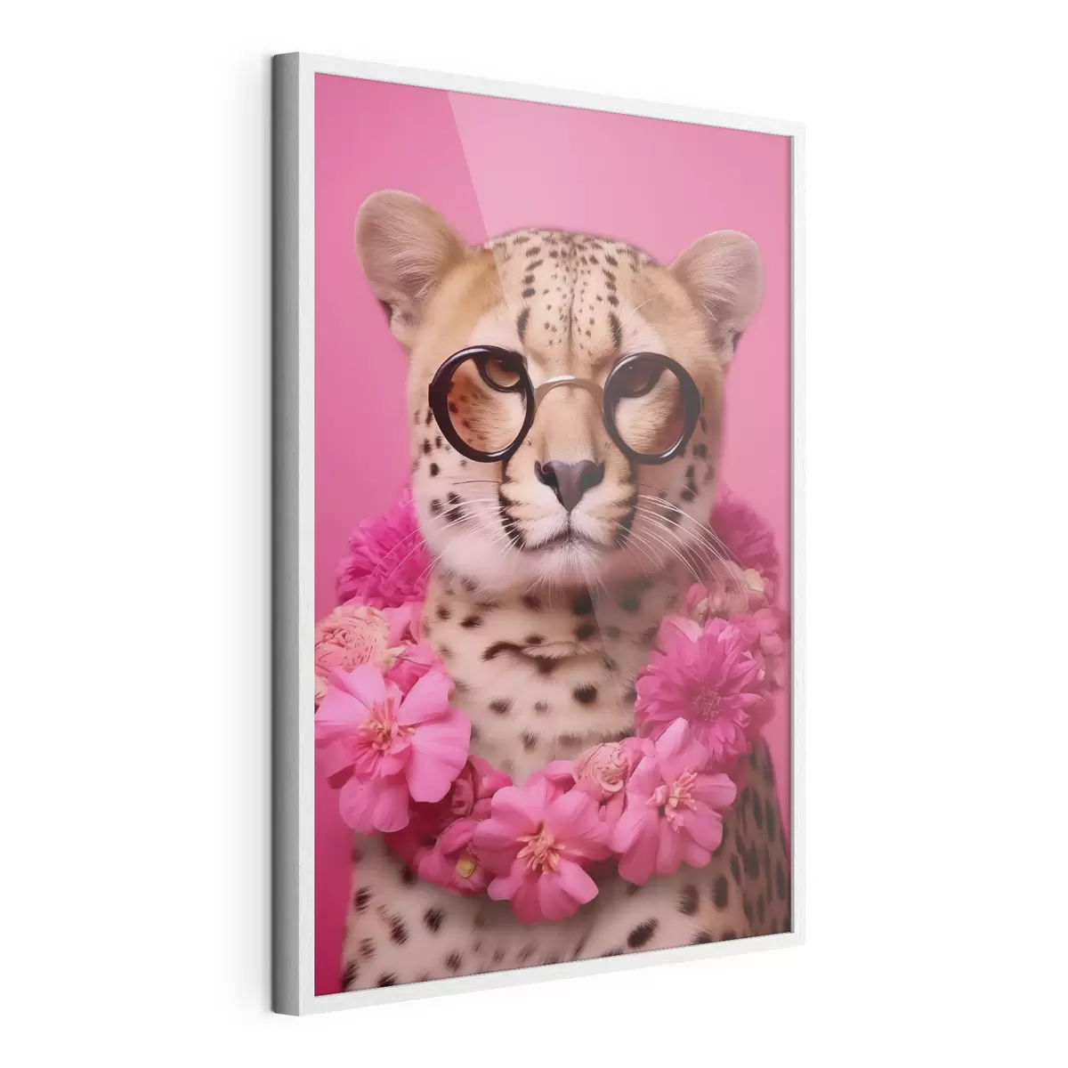 Poster Gepard in Brille mit Blumengirlande f42477