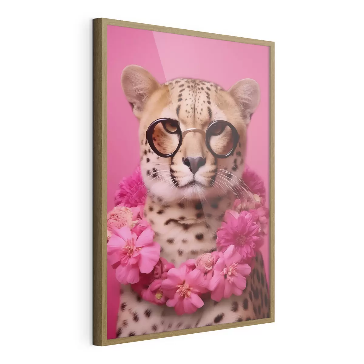 Poster Gepard in Brille mit Blumengirlande f42477