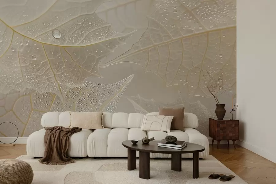 Fototapete Nahaufnahme von Blättern mit Adern und Tautropfen in Beigetönen w02872