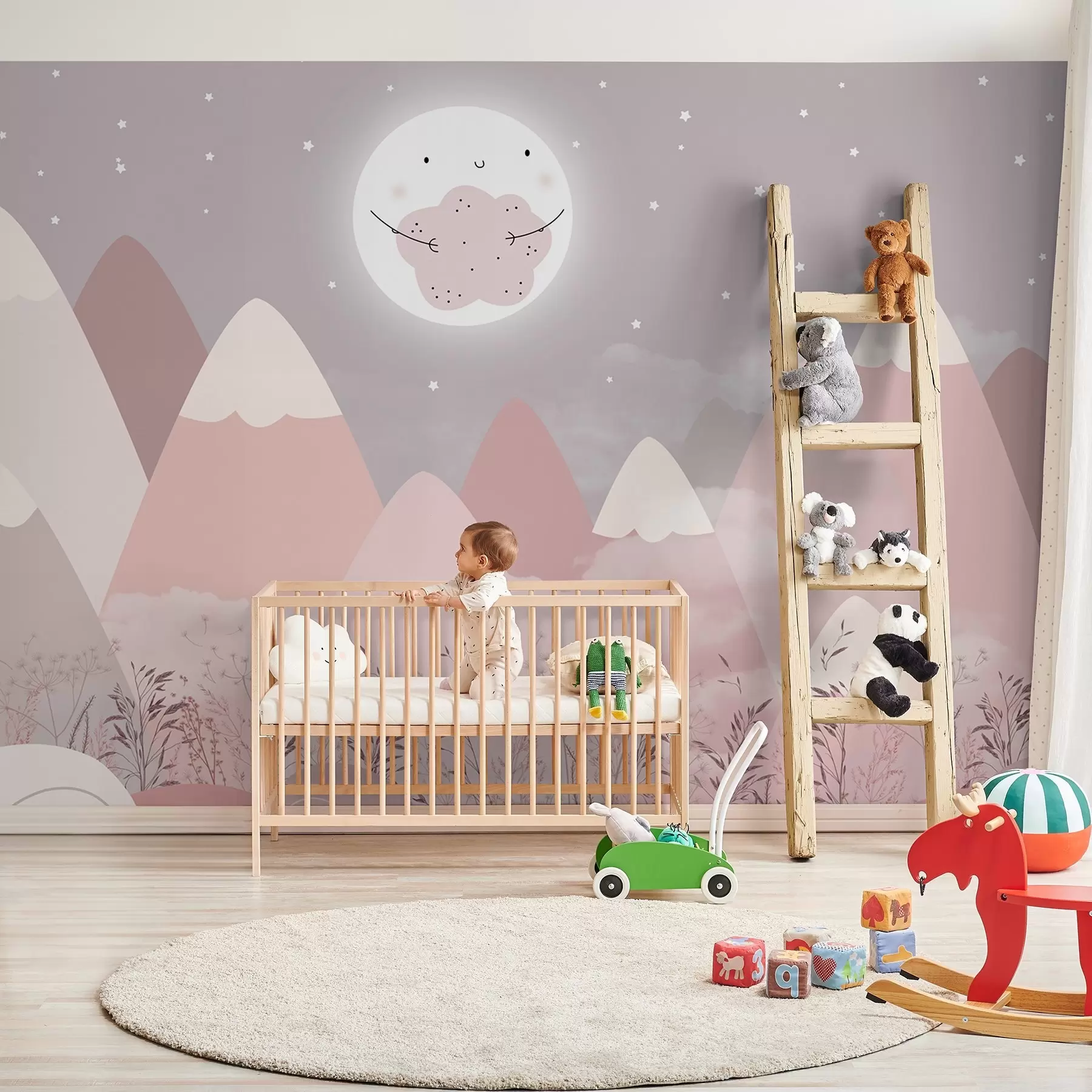 Fototapete Kinderberge mit einem niedlichen Mond und Pflanzen am Boden w08659