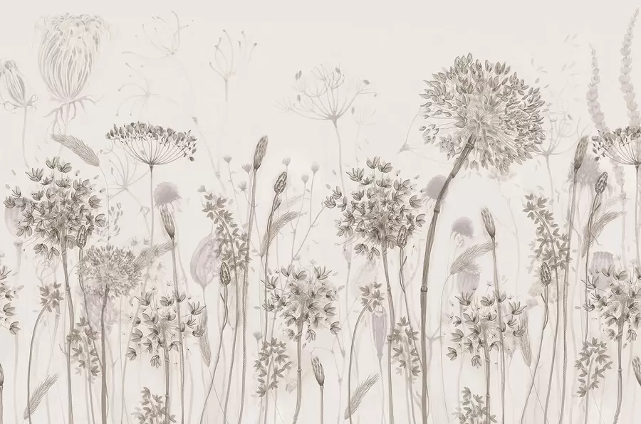 Fototapete Luftige Pusteblumen und Wildblumen im Aquarellstil w08637