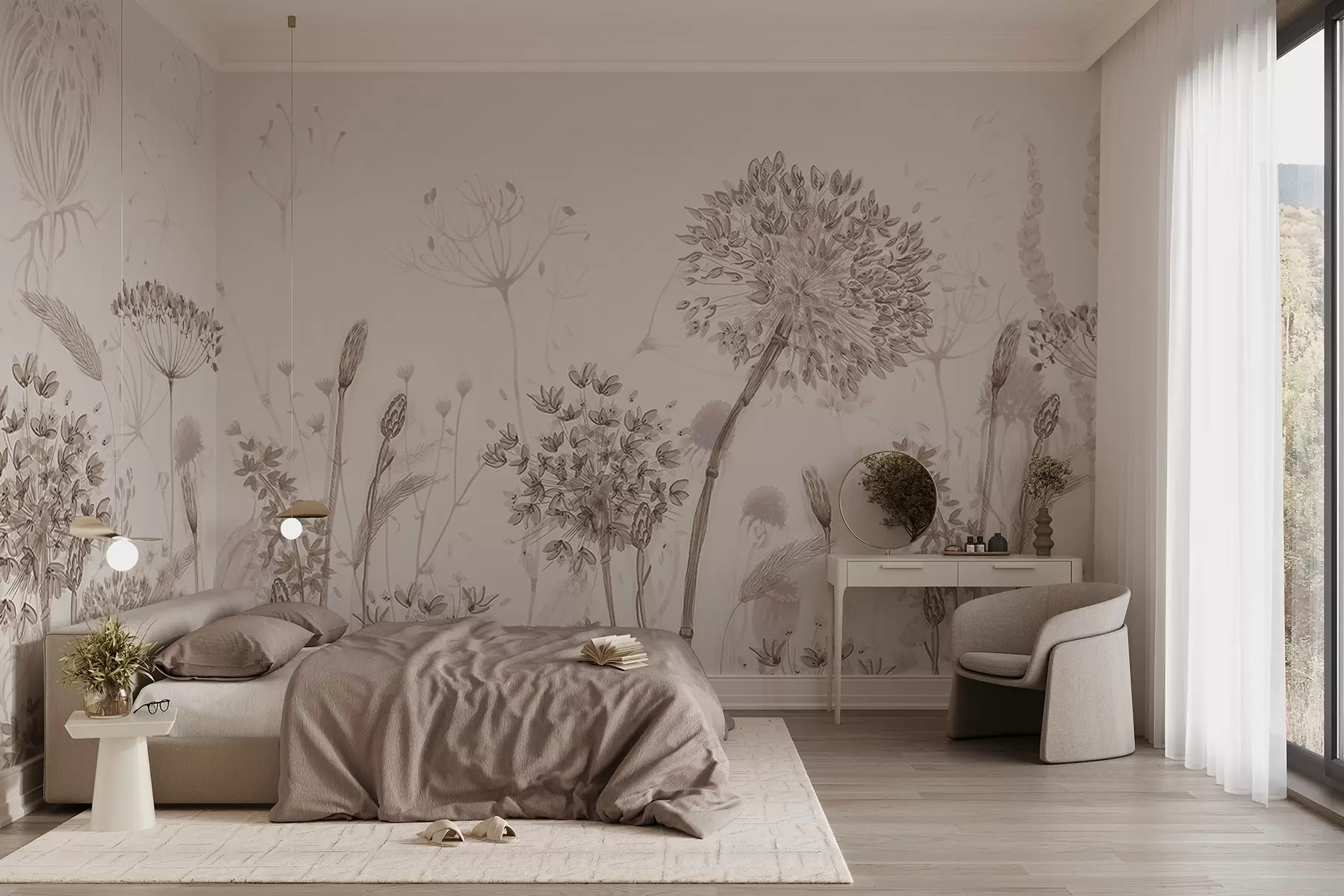 Fototapete Luftige Pusteblumen und Wildblumen im Aquarellstil w08637
