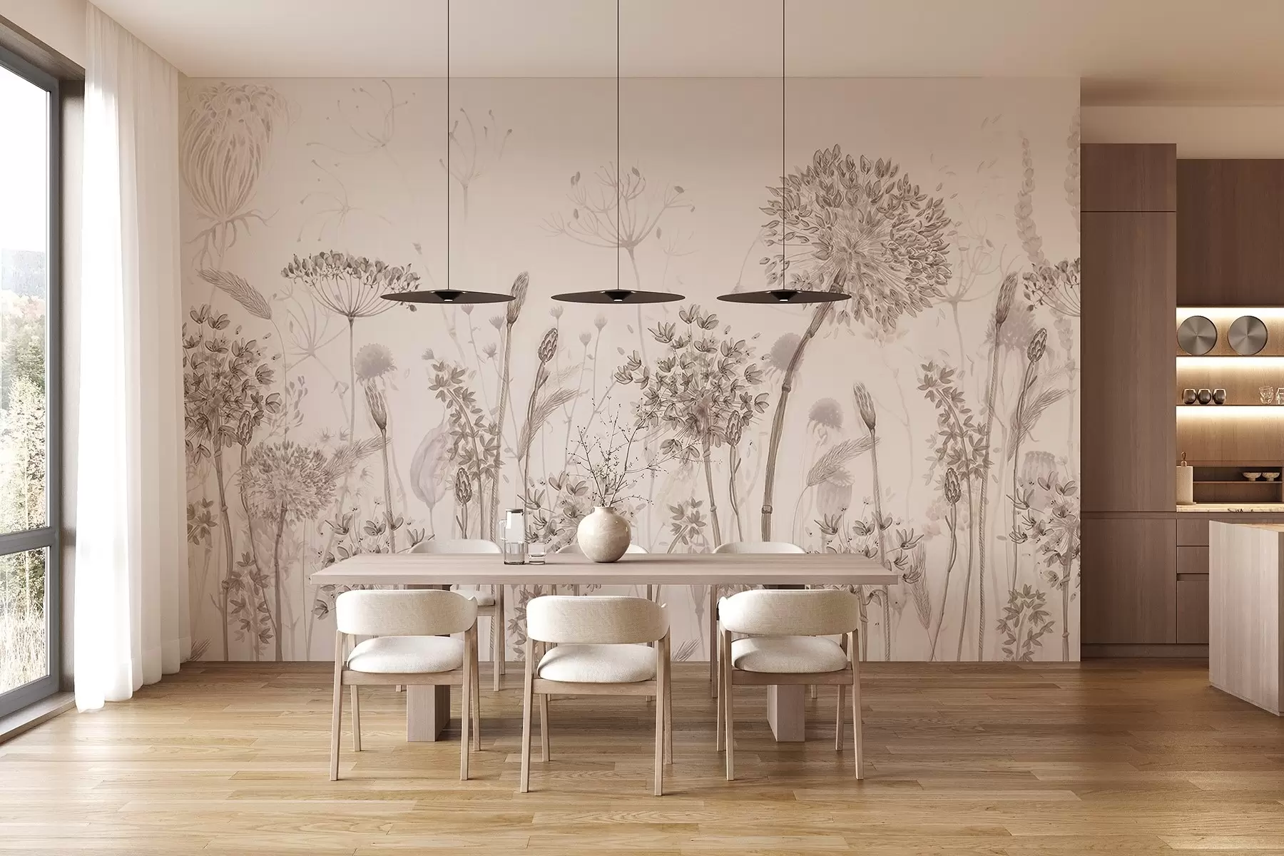Fototapete Luftige Pusteblumen und Wildblumen im Aquarellstil w08637