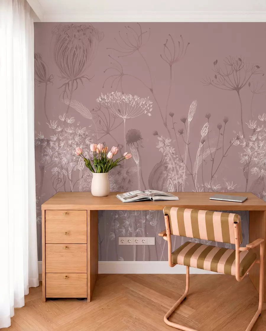 Fototapete Luftige Pusteblumen und Wildblumen im Aquarellstil in Rosatönen w08637v1