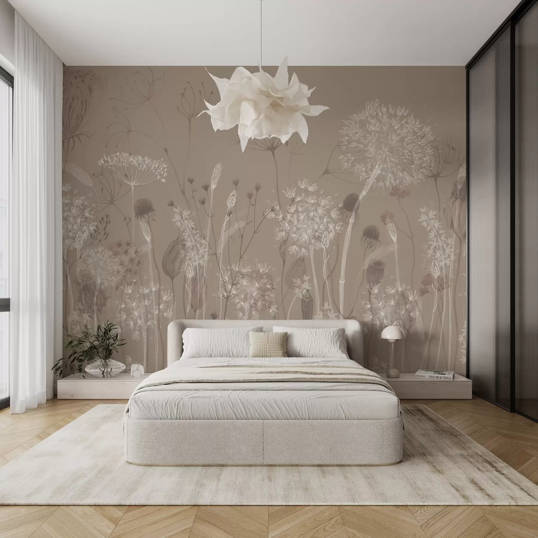 Fototapete Anmutiges Muster mit zarten Pusteblumen, Pflanzen und Wildblumen in beige-grauen Tönen w08637v2