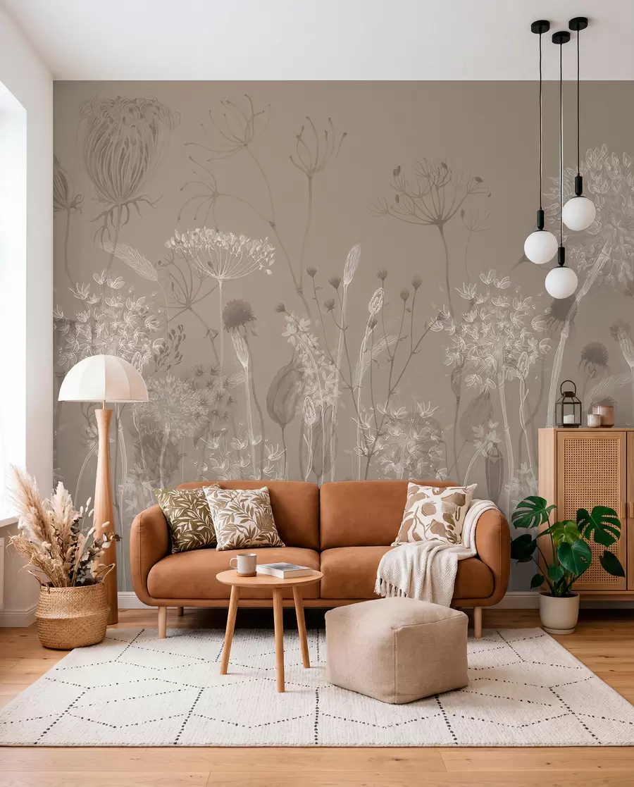 Fototapete Wiesenskizze auf Taupe w08637v2