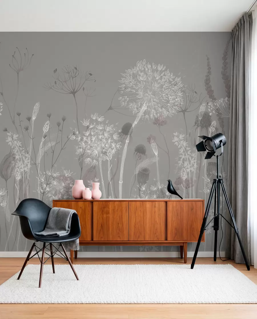 Fototapete Luftige Pusteblumen und Wildblumen im Aquarellstil in blau-grauen Tönen w08637v3