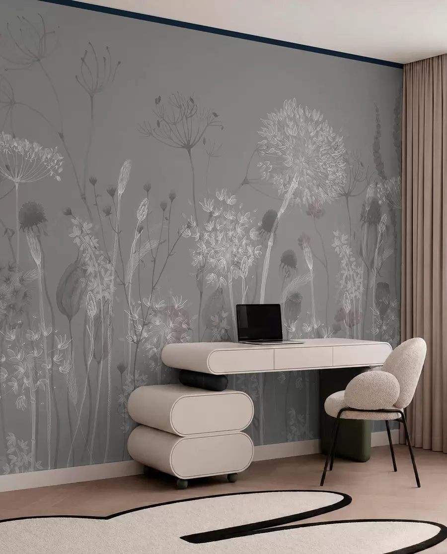 Fototapete Luftige Pusteblumen und Wildblumen im Aquarellstil in blau-grauen Tönen w08637v3