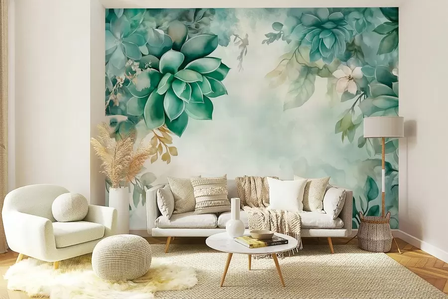 Fototapete Zarte üppige Sukkulenten und florale Elemente im Aquarellstil in Grüntönen w02874
