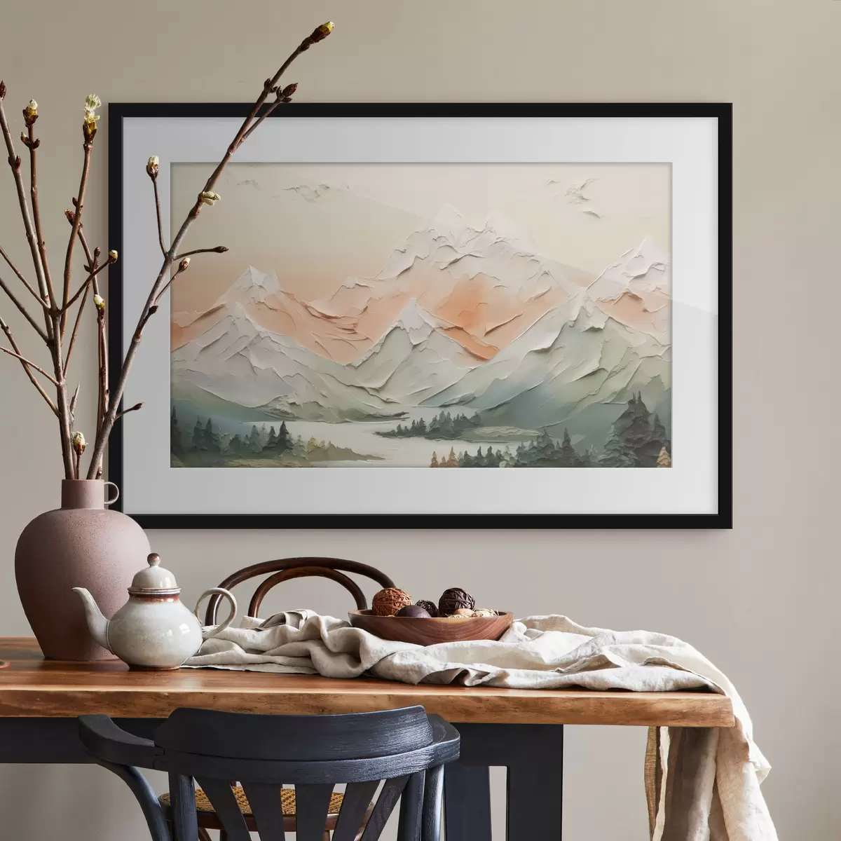 Poster Berge am Fluss Nachahmung von Pinselstrichen f42589