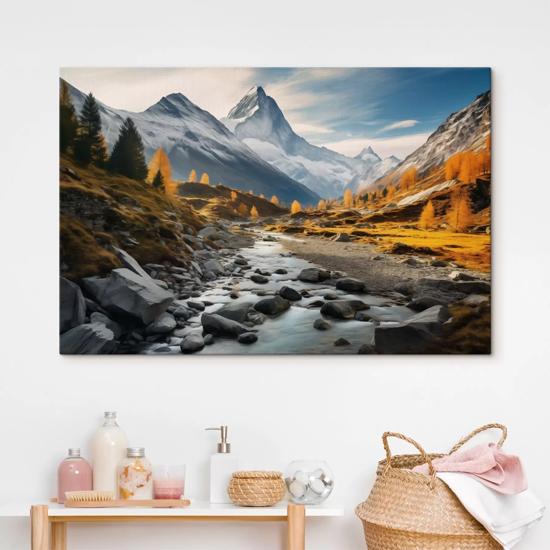 Fototapete Eine herbstliche Berglandschaft mit einem reißenden Fluss, goldenen Bäumen und einem majestätischen Gipfel vor einem strahlenden Himmel. s42564