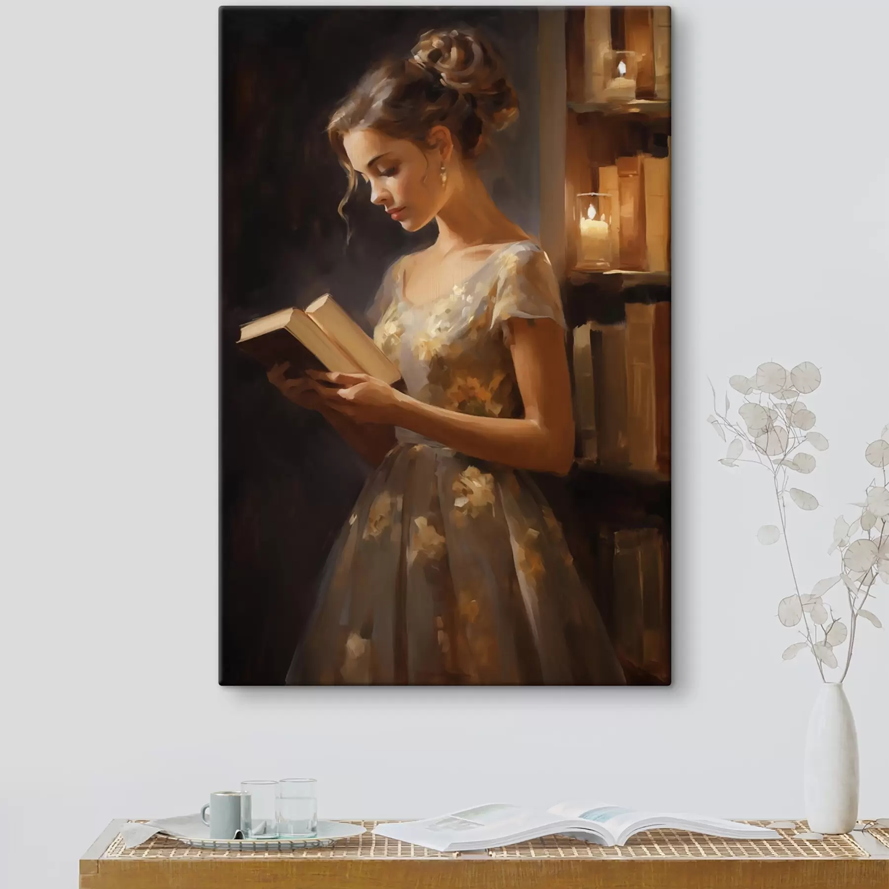 Fototapete Eine junge Frau in einem eleganten Kleid liest ein Buch in stimmungsvoller Beleuchtung, umgeben von Bücherregalen und dem sanften Schein von Kerzen. s42570