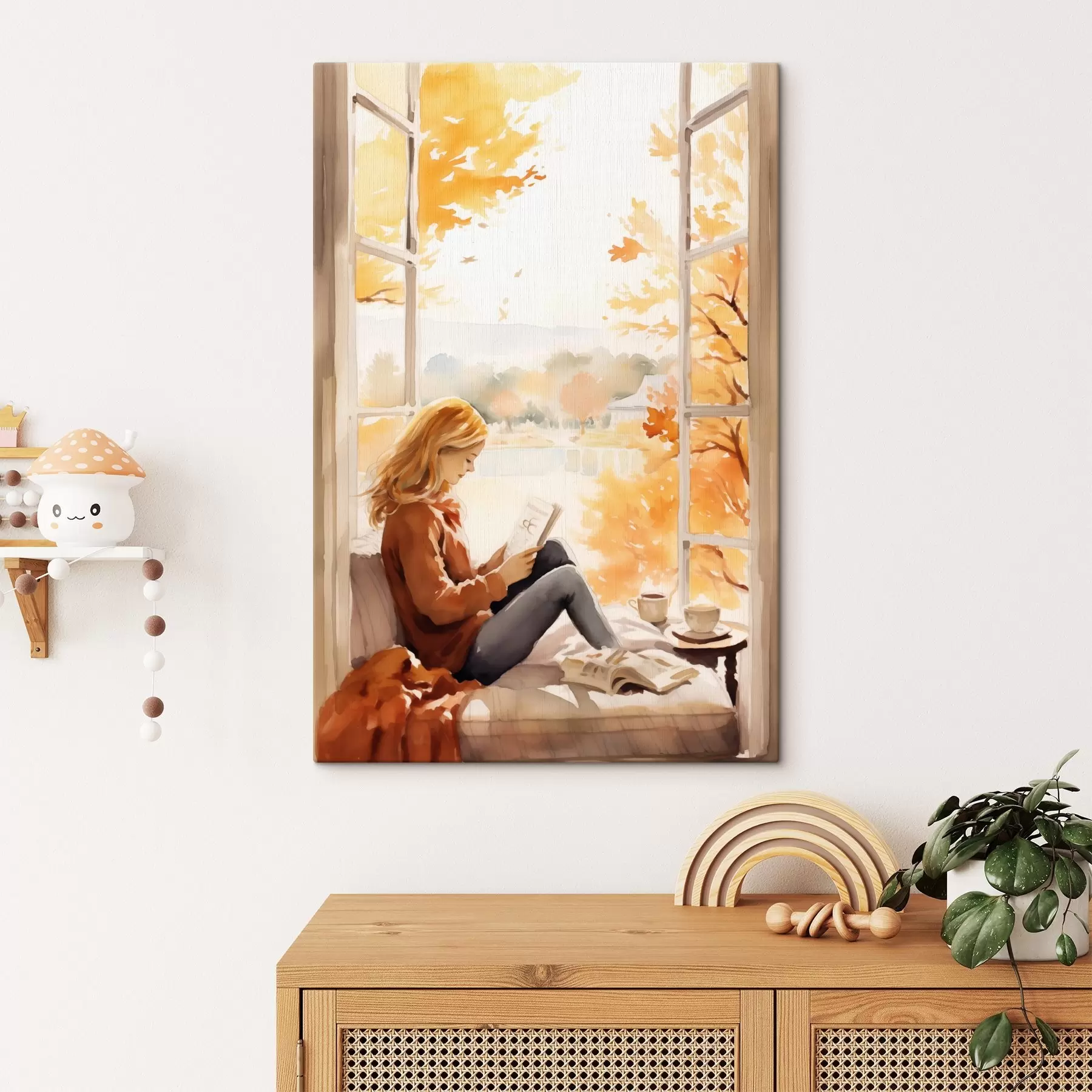 Fototapete Ein Mädchen liest ein Buch an einem offenen Fenster in einer herbstlichen Umgebung, mit hellen, goldenen Bäumen im Hintergrund und einer Tasse Tee in der Nähe. s42572
