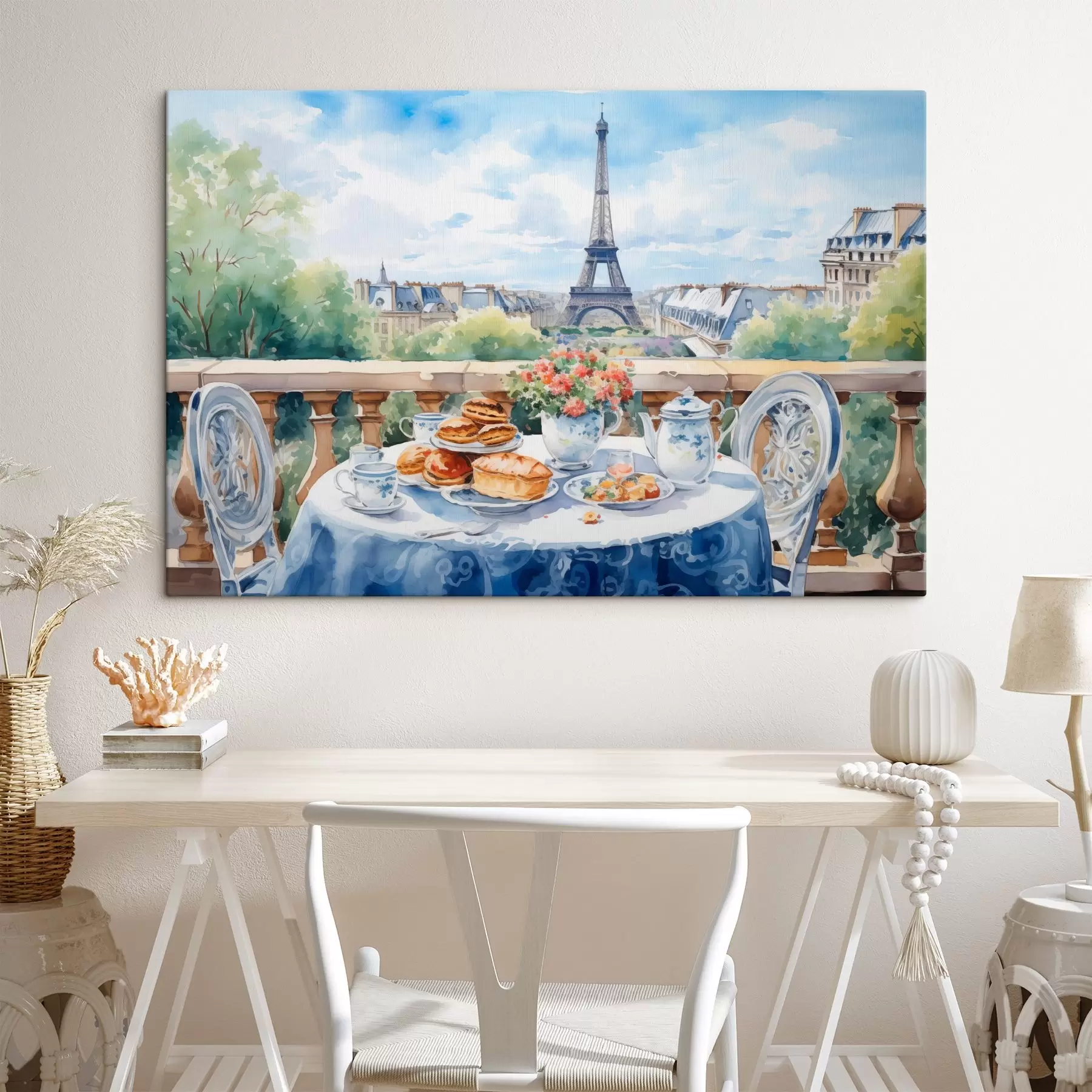 Fototapete Ein romantischer Blick auf den Eiffelturm von einem Balkon mit einem gedeckten Tisch mit Desserts, Tee und Blumen in einer sommerlichen Atmosphäre s42579