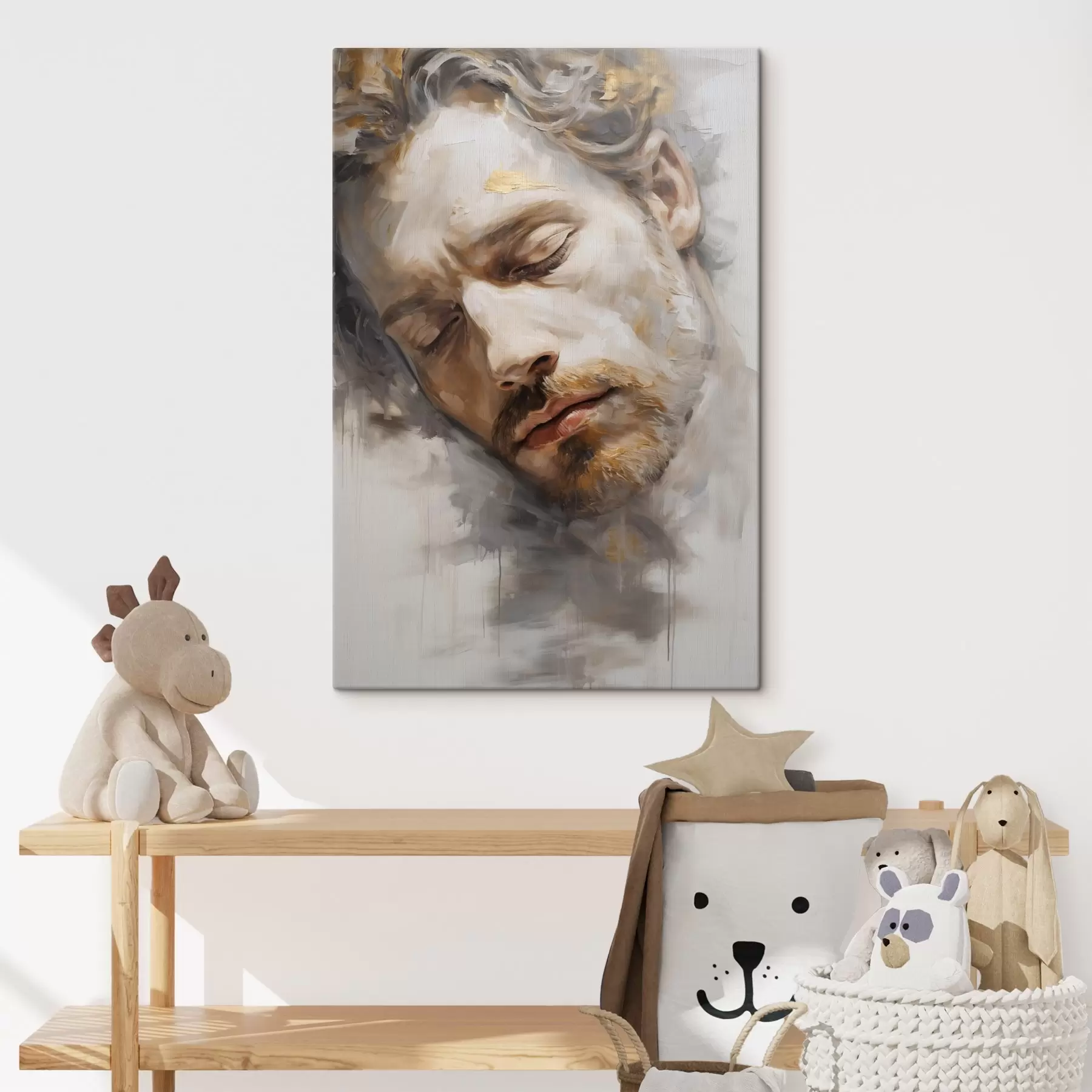 Fototapete Ein abstraktes Porträt eines Mannes mit geschlossenen Augen, das in weichen, warmen Tönen und mit sanften Pinselstrichen gemalt wurde, die ein Gefühl der Ruhe hervorrufen. s42621