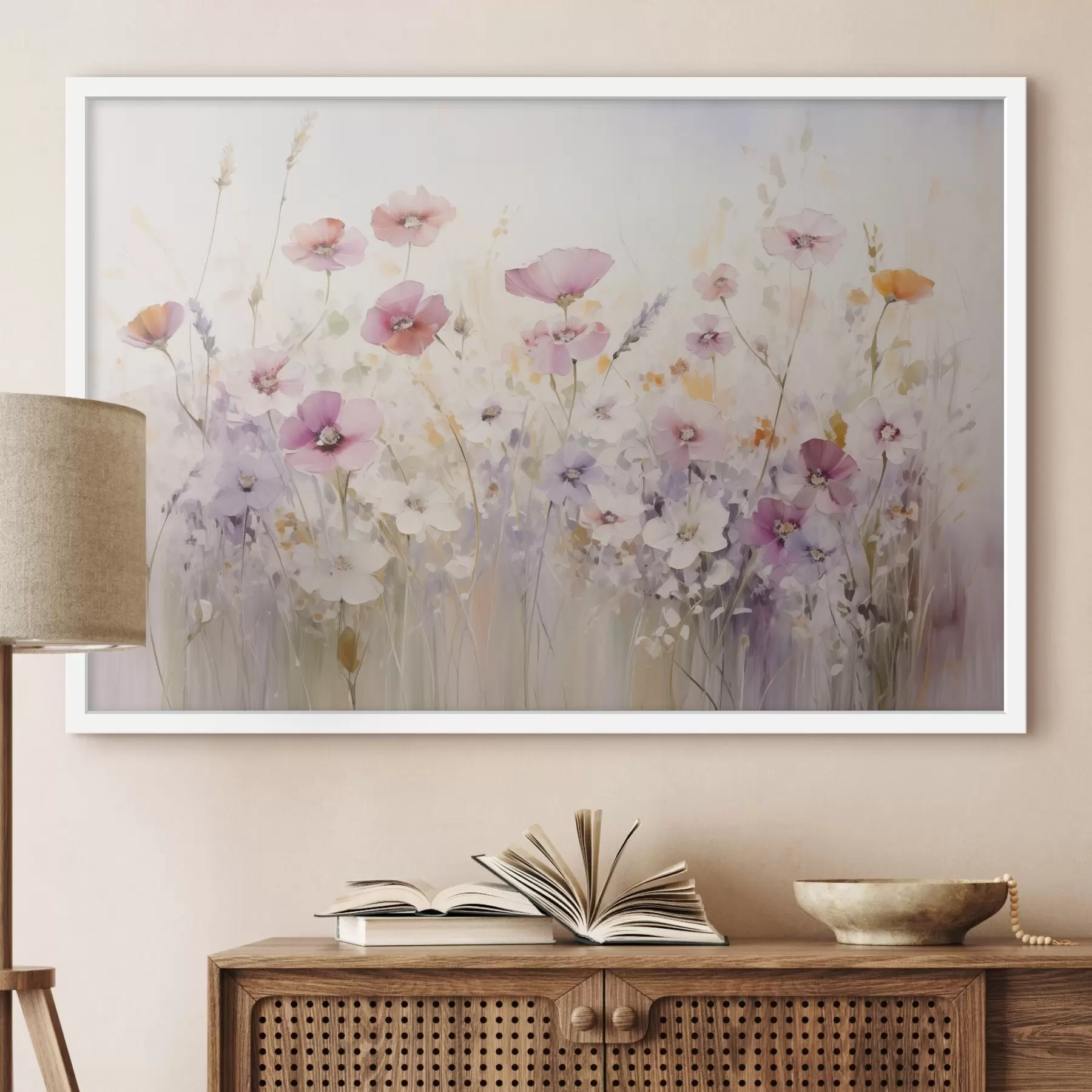 Fototapete Eine Wiese mit Aquarellblumen in zarten Rosa-, Lila- und Weißtönen, die eine Atmosphäre der Leichtigkeit und Harmonie schaffen f42557