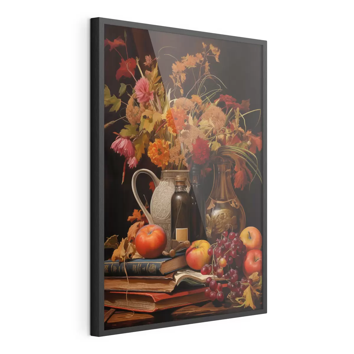 Poster Ein herbstliches Stillleben mit einem Blumenstrauß in warmen Orange- und Rottönen, Äpfeln, Weintrauben, Büchern und Keramikgeschirr auf dunklem Hintergrund f42561