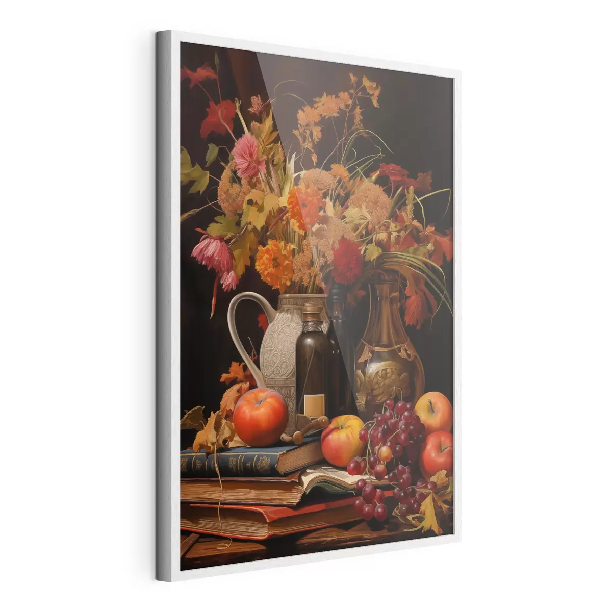 Poster Ein herbstliches Stillleben mit einem Blumenstrauß in warmen Orange- und Rottönen, Äpfeln, Weintrauben, Büchern und Keramikgeschirr auf dunklem Hintergrund f42561