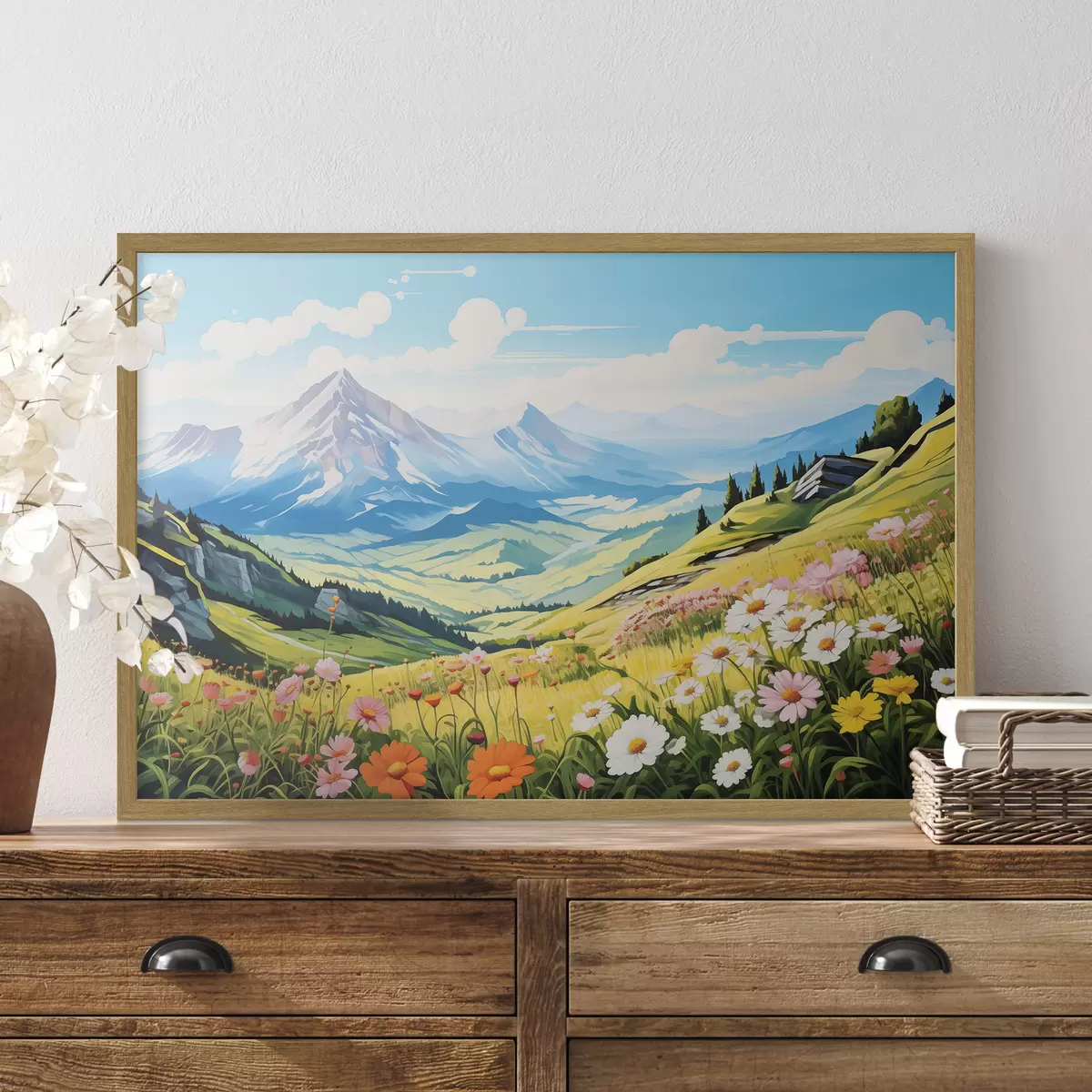 Poster Eine lebendige Berglandschaft mit blühenden Wiesen, grünen Hügeln und majestätischen Gipfeln unter einem strahlend blauen Himmel f42565