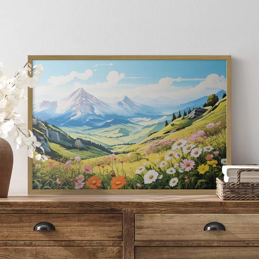 Fototapete Eine lebendige Berglandschaft mit blühenden Wiesen, grünen Hügeln und majestätischen Gipfeln unter einem strahlend blauen Himmel f42565
