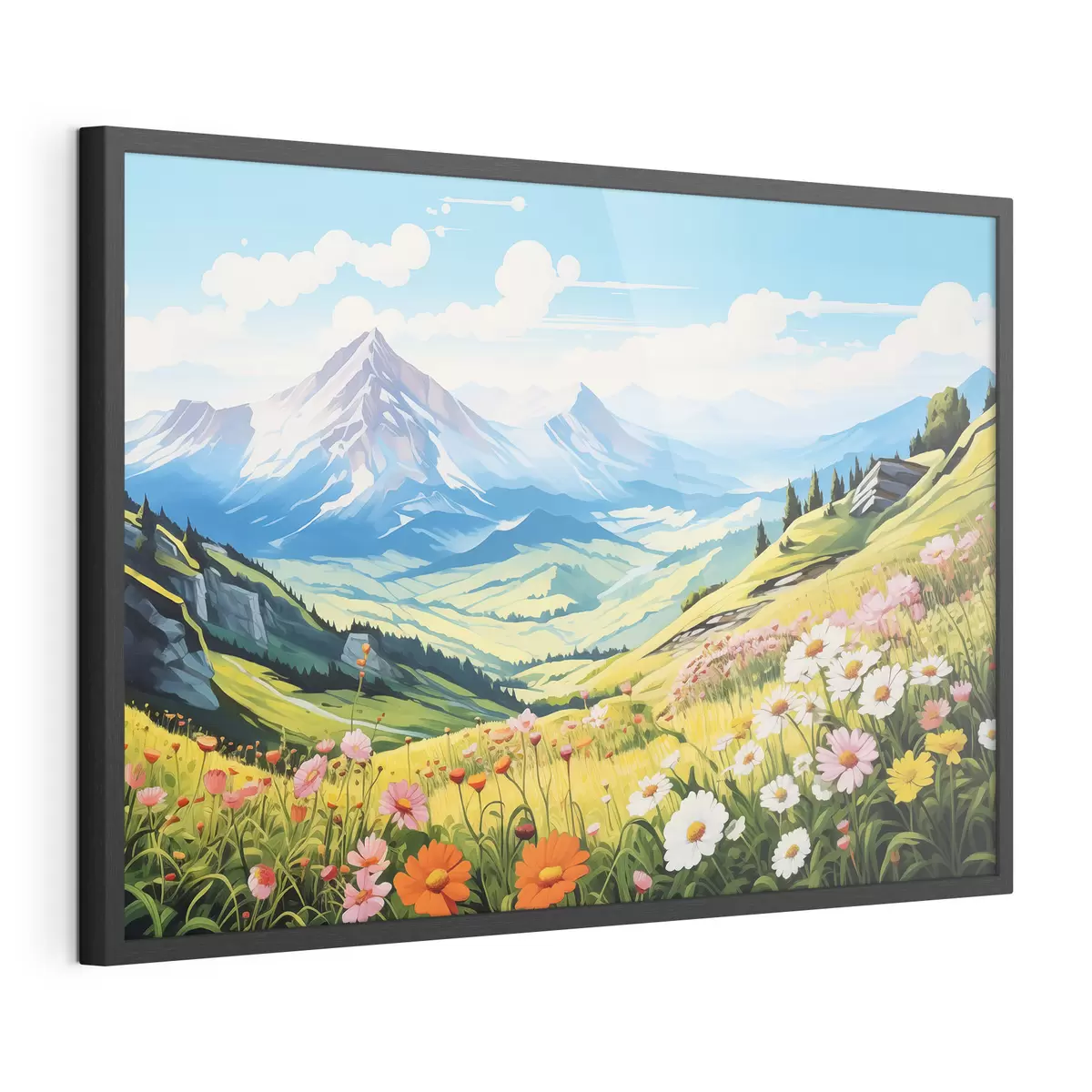 Poster Eine lebendige Berglandschaft mit blühenden Wiesen, grünen Hügeln und majestätischen Gipfeln unter einem strahlend blauen Himmel f42565