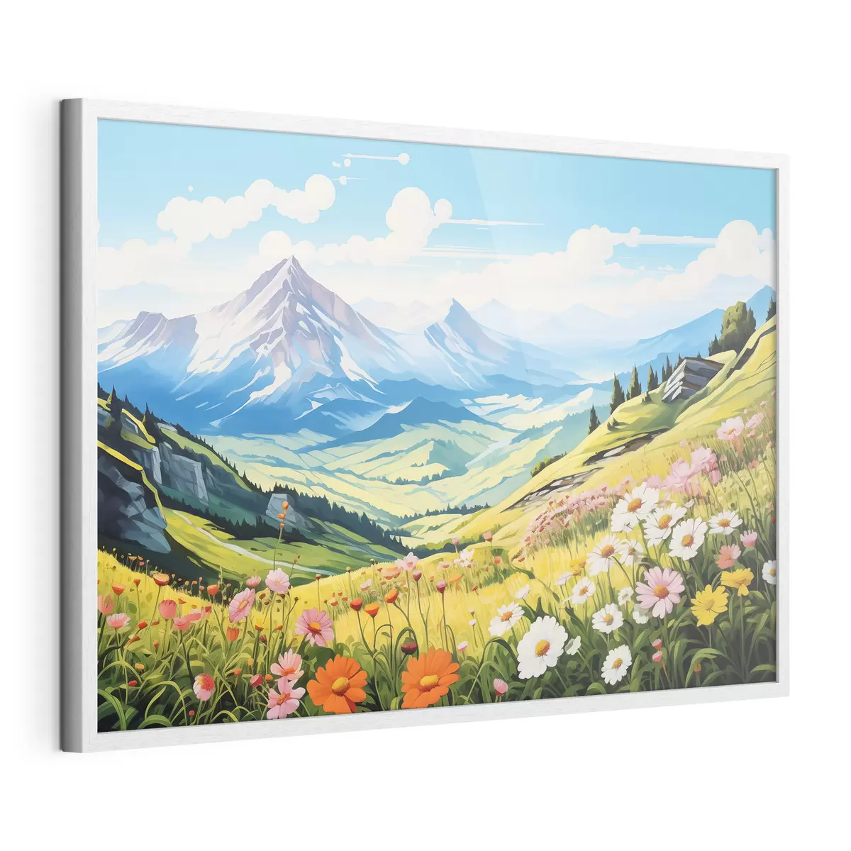 Poster Eine lebendige Berglandschaft mit blühenden Wiesen, grünen Hügeln und majestätischen Gipfeln unter einem strahlend blauen Himmel f42565