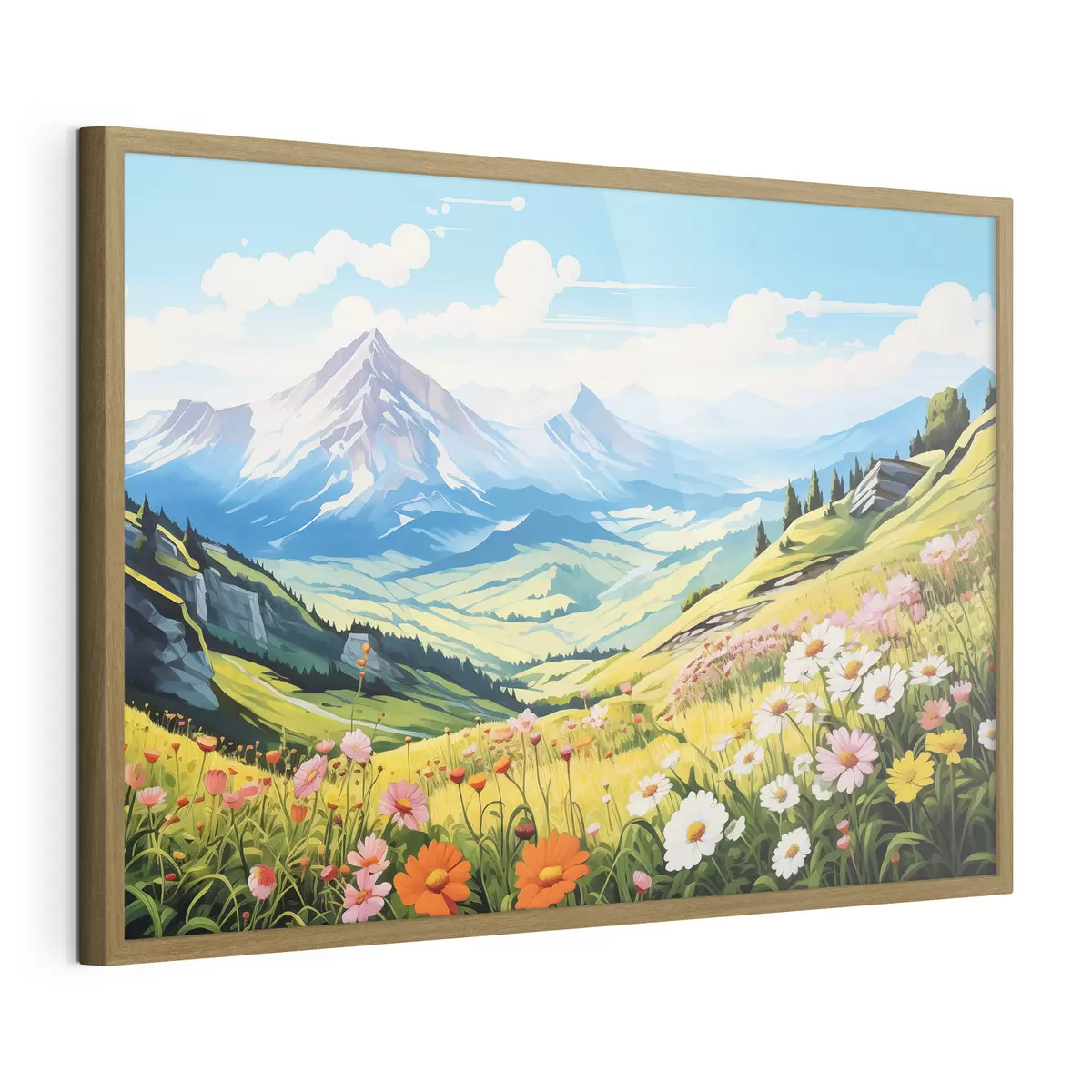 Poster Eine lebendige Berglandschaft mit blühenden Wiesen, grünen Hügeln und majestätischen Gipfeln unter einem strahlend blauen Himmel f42565