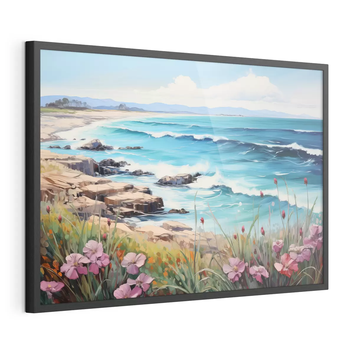 Poster Eine Meereslandschaft mit türkisfarbenen Wellen, einem felsigen Ufer und leuchtenden Blumen im Vordergrund unter einem klaren blauen Himmel f42568