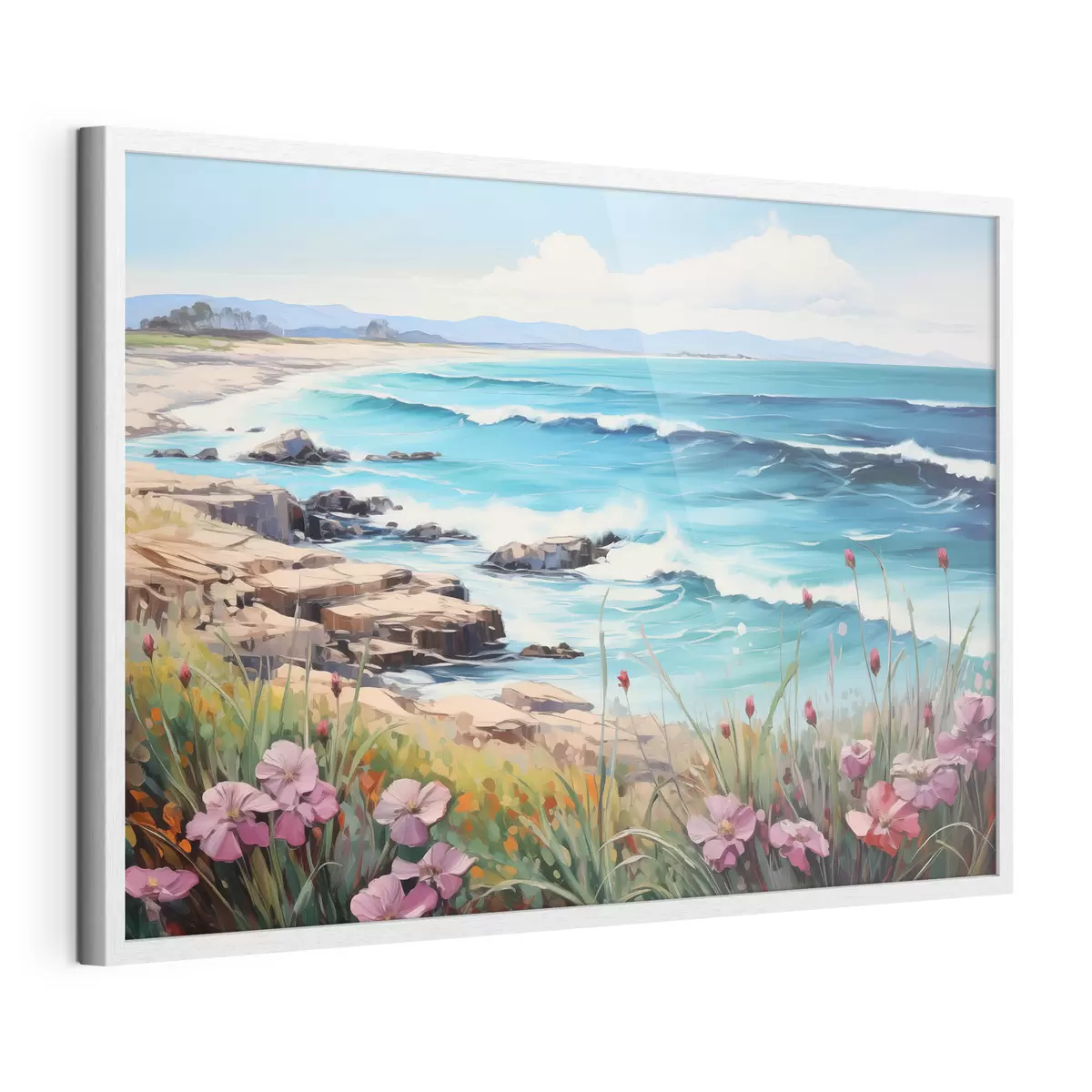 Poster Eine Meereslandschaft mit türkisfarbenen Wellen, einem felsigen Ufer und leuchtenden Blumen im Vordergrund unter einem klaren blauen Himmel f42568