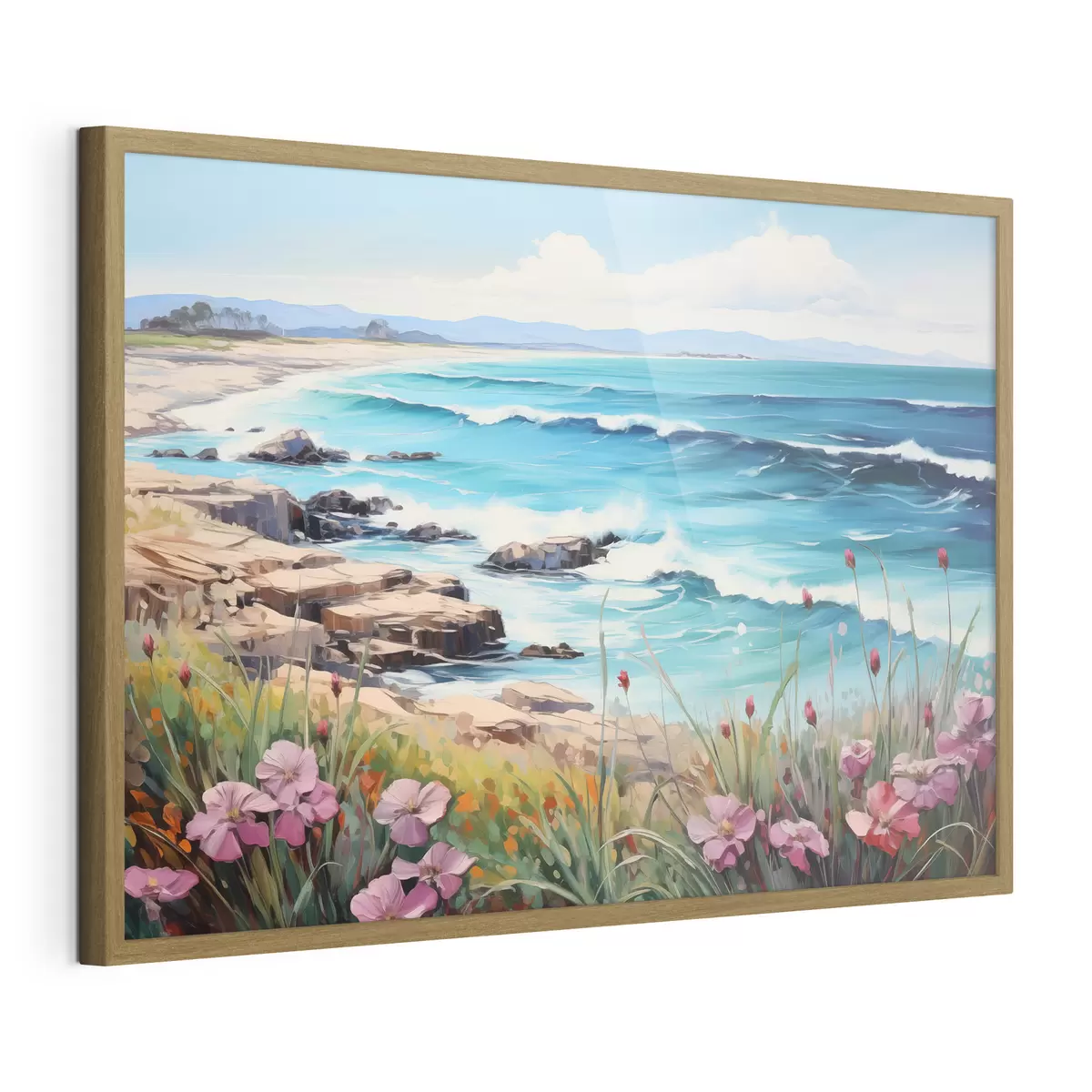 Poster Eine Meereslandschaft mit türkisfarbenen Wellen, einem felsigen Ufer und leuchtenden Blumen im Vordergrund unter einem klaren blauen Himmel f42568