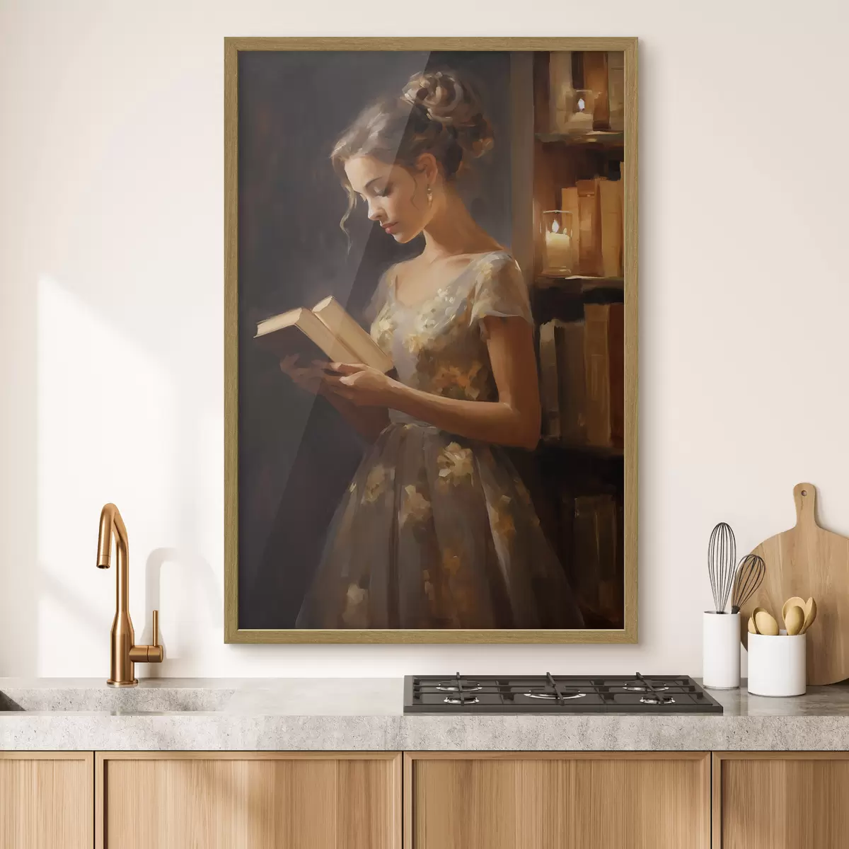 Poster Eine junge Frau in einem eleganten Kleid liest ein Buch in stimmungsvoller Beleuchtung, umgeben von Bücherregalen und dem sanften Schein von Kerzen f42570