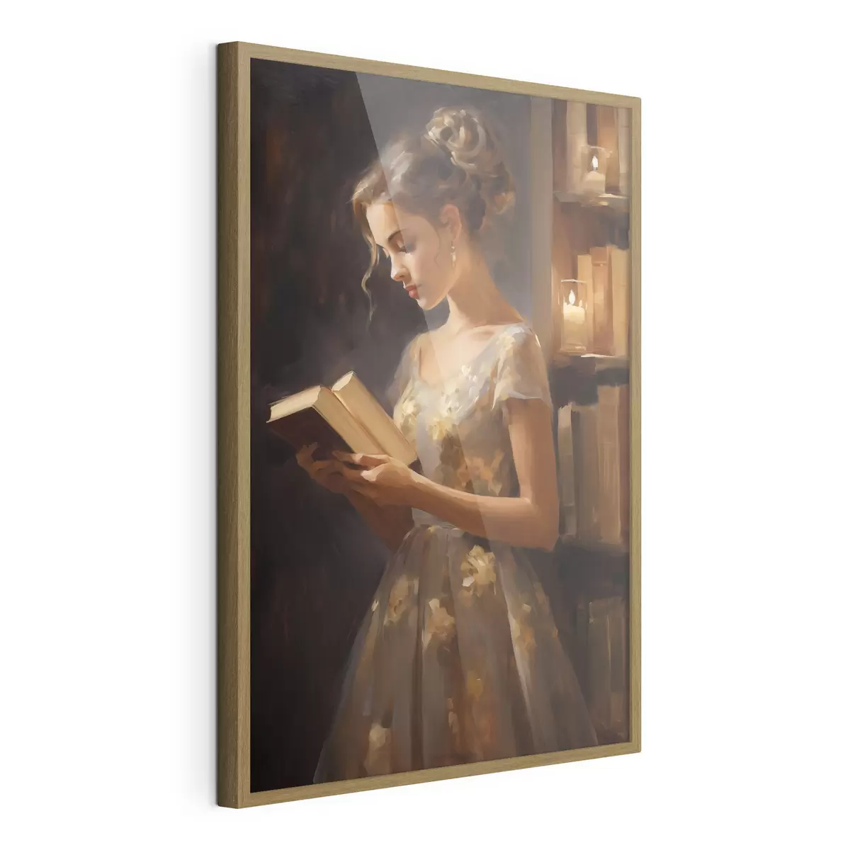 Poster Eine junge Frau in einem eleganten Kleid liest ein Buch in stimmungsvoller Beleuchtung, umgeben von Bücherregalen und dem sanften Schein von Kerzen f42570