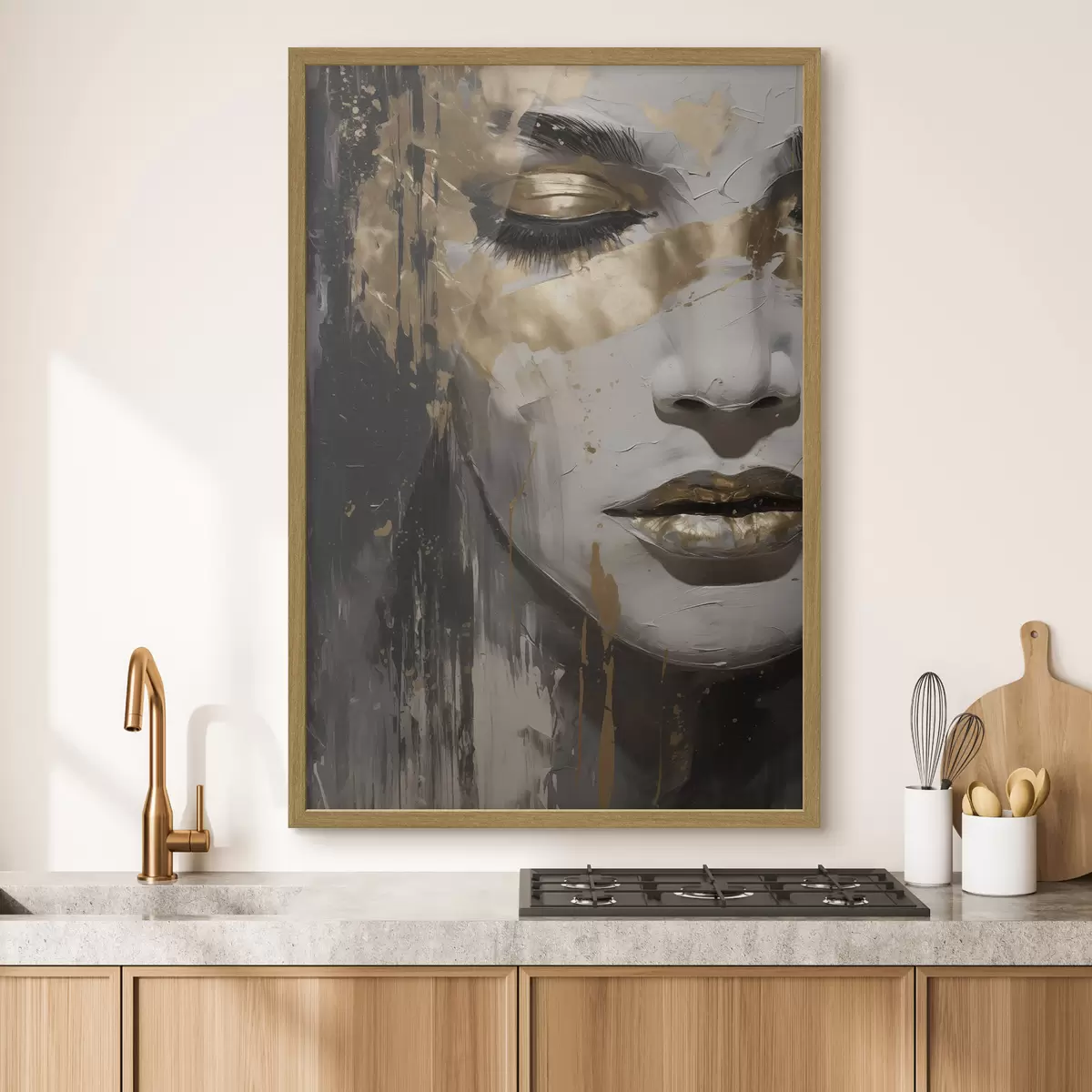 Poster Abstraktes Porträt einer Frau mit Betonung auf geschlossenen Augen und Lippen, ausgeführt in Schwarz-Weiß-Tönen mit dynamischen, warmfarbigen Pinselstrichen f42626