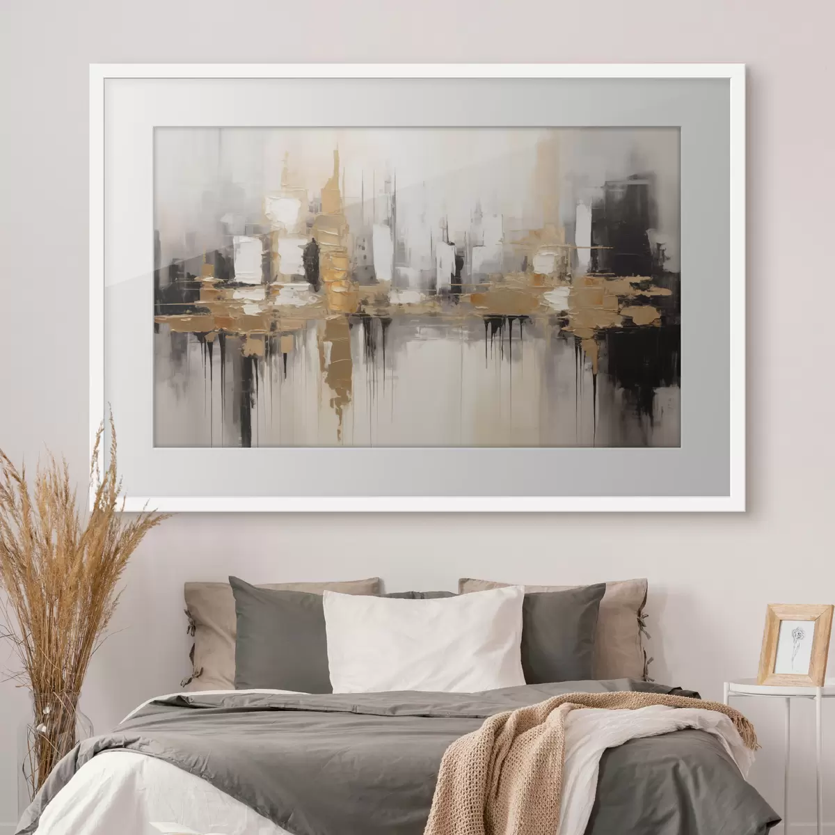 Poster Eine abstrakte Stadtlandschaft mit Spiegelungen von Gebäuden im Wasser, erstellt in neutralen Tönen mit Akzenten von warmen Farbtönen f42628