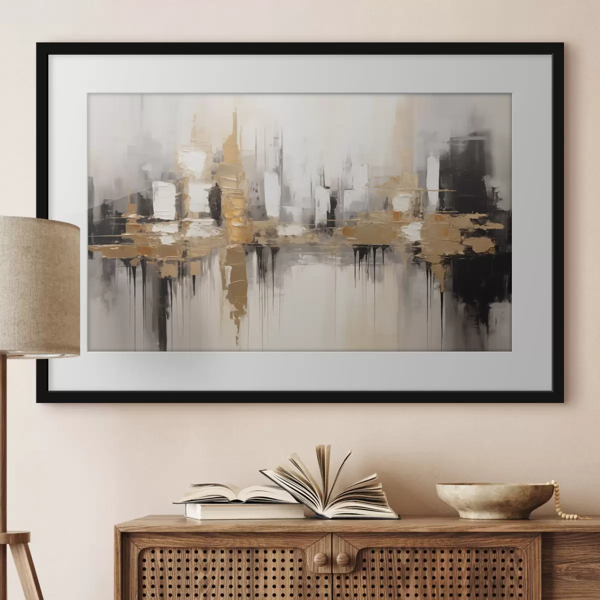 Poster Eine abstrakte Stadtlandschaft mit Spiegelungen von Gebäuden im Wasser, erstellt in neutralen Tönen mit Akzenten von warmen Farbtönen f42628