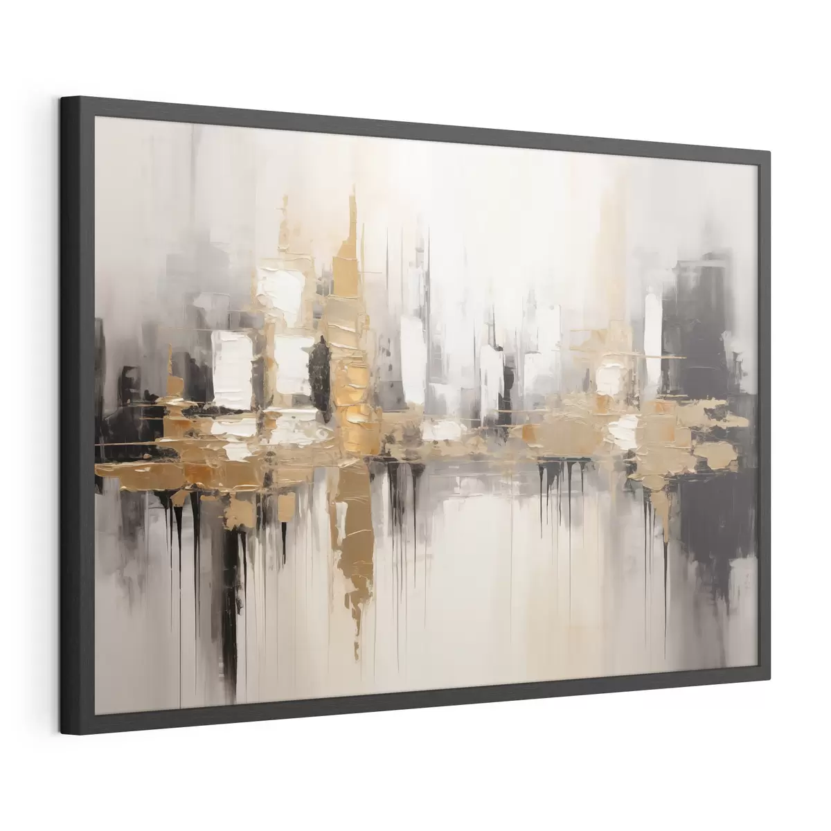 Poster Eine abstrakte Stadtlandschaft mit Spiegelungen von Gebäuden im Wasser, erstellt in neutralen Tönen mit Akzenten von warmen Farbtönen f42628