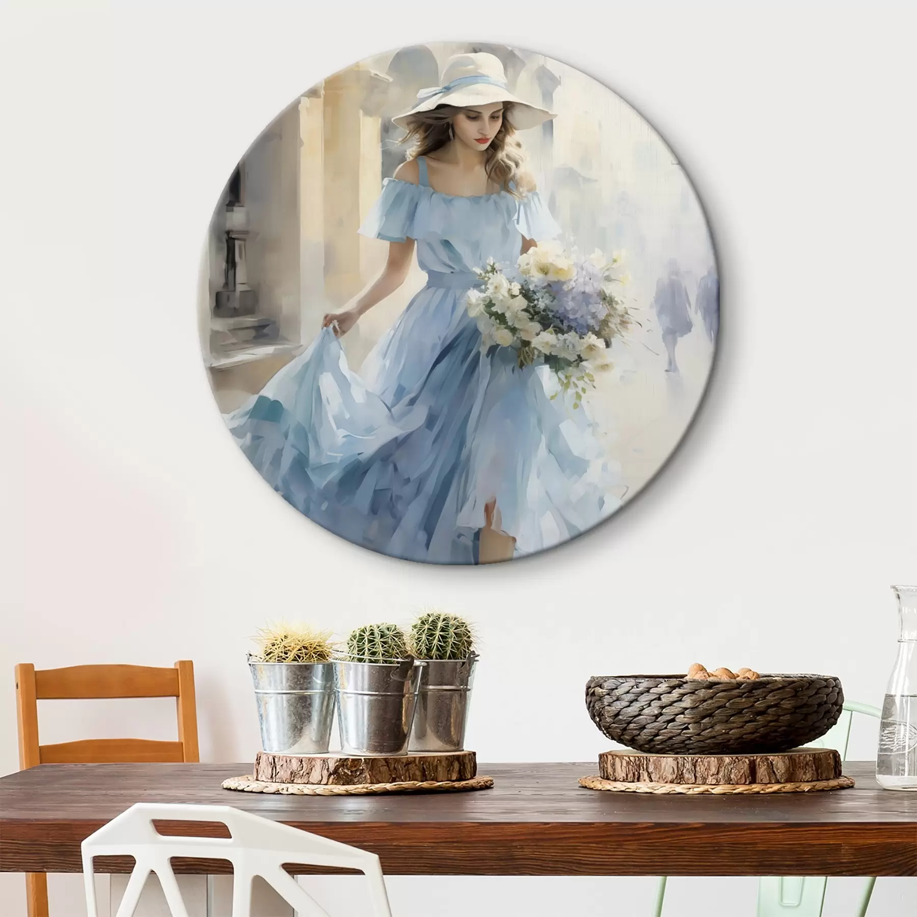 Fototapete Ein elegantes Mädchen in einem hellblauen Kleid und Hut schlendert mit einem Blumenstrauß in der Hand durch die Stadt, in einer leichten und romantischen Stimmung. r42580
