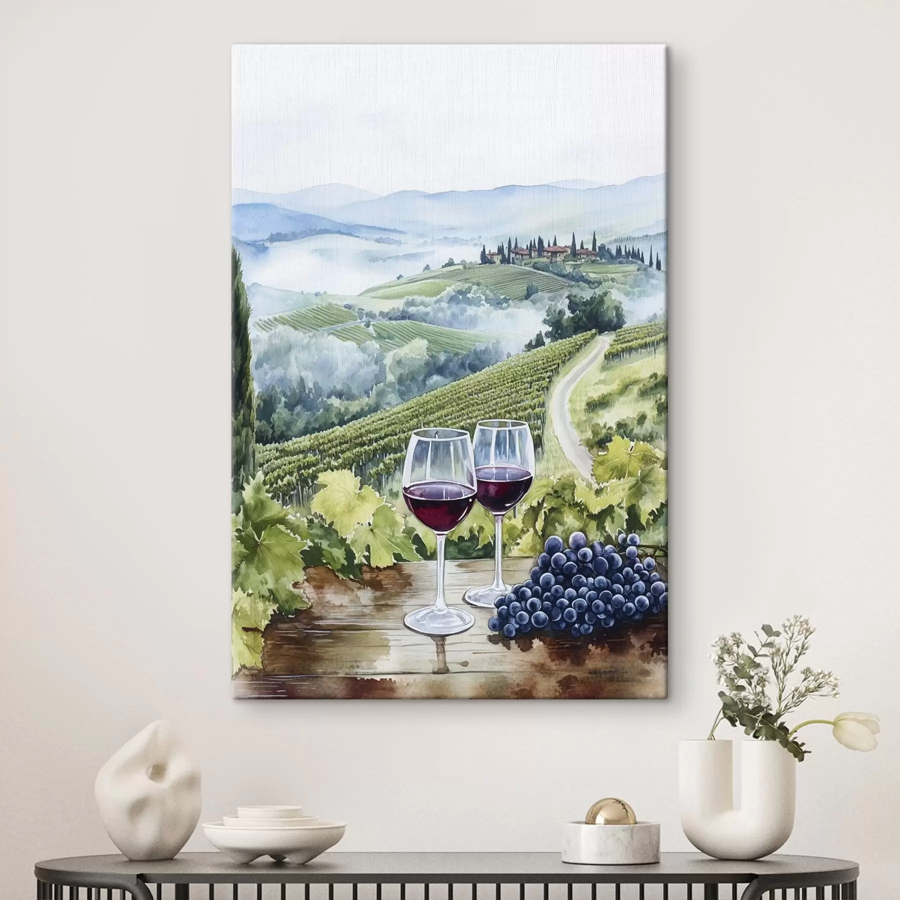 Fototapete Landschaft der Toskana, Weinberge, Weingläser, Aquarellstil s42445