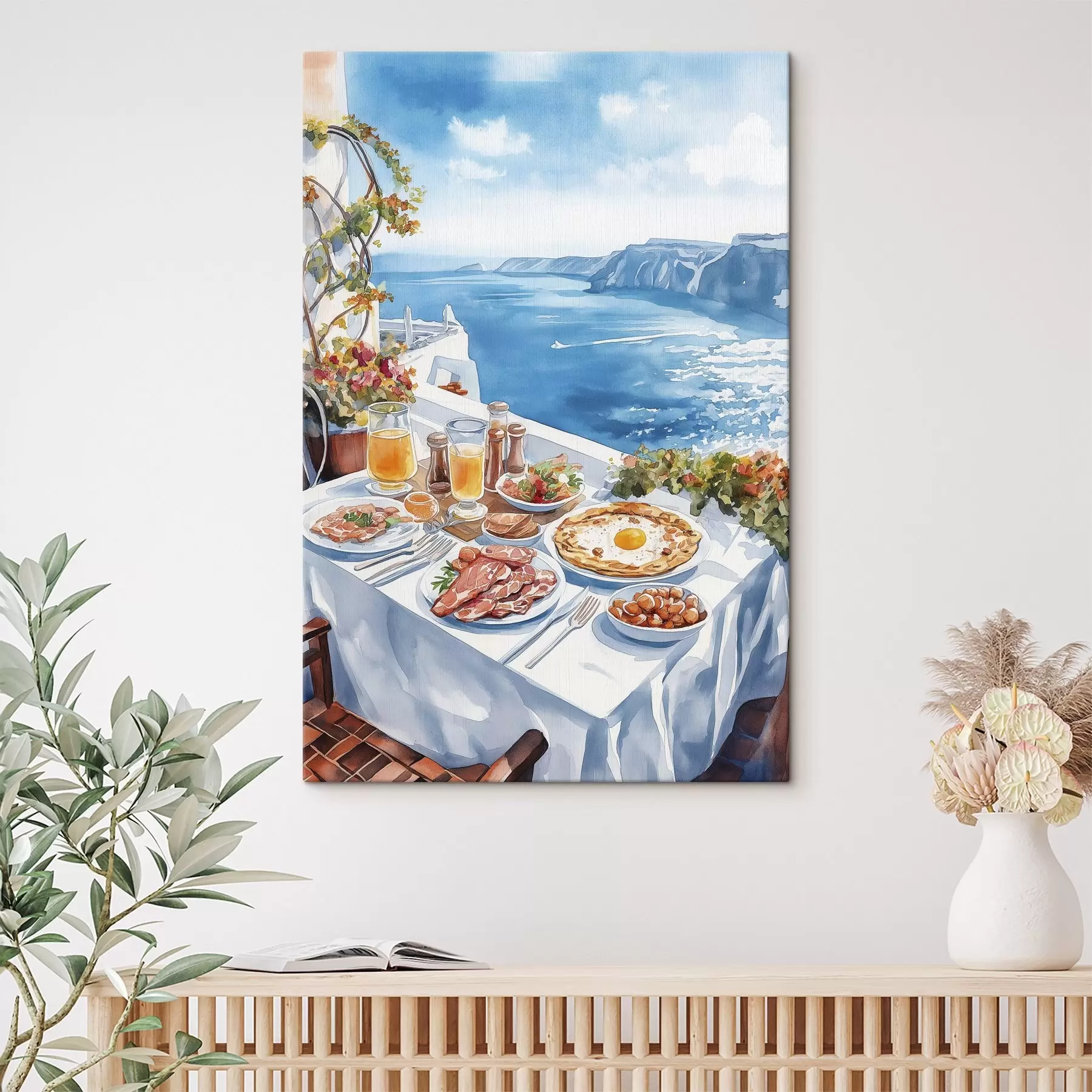 Fototapete Schönes romantisches Frühstück in Griechenland, Meer, Aquarellstil s42455